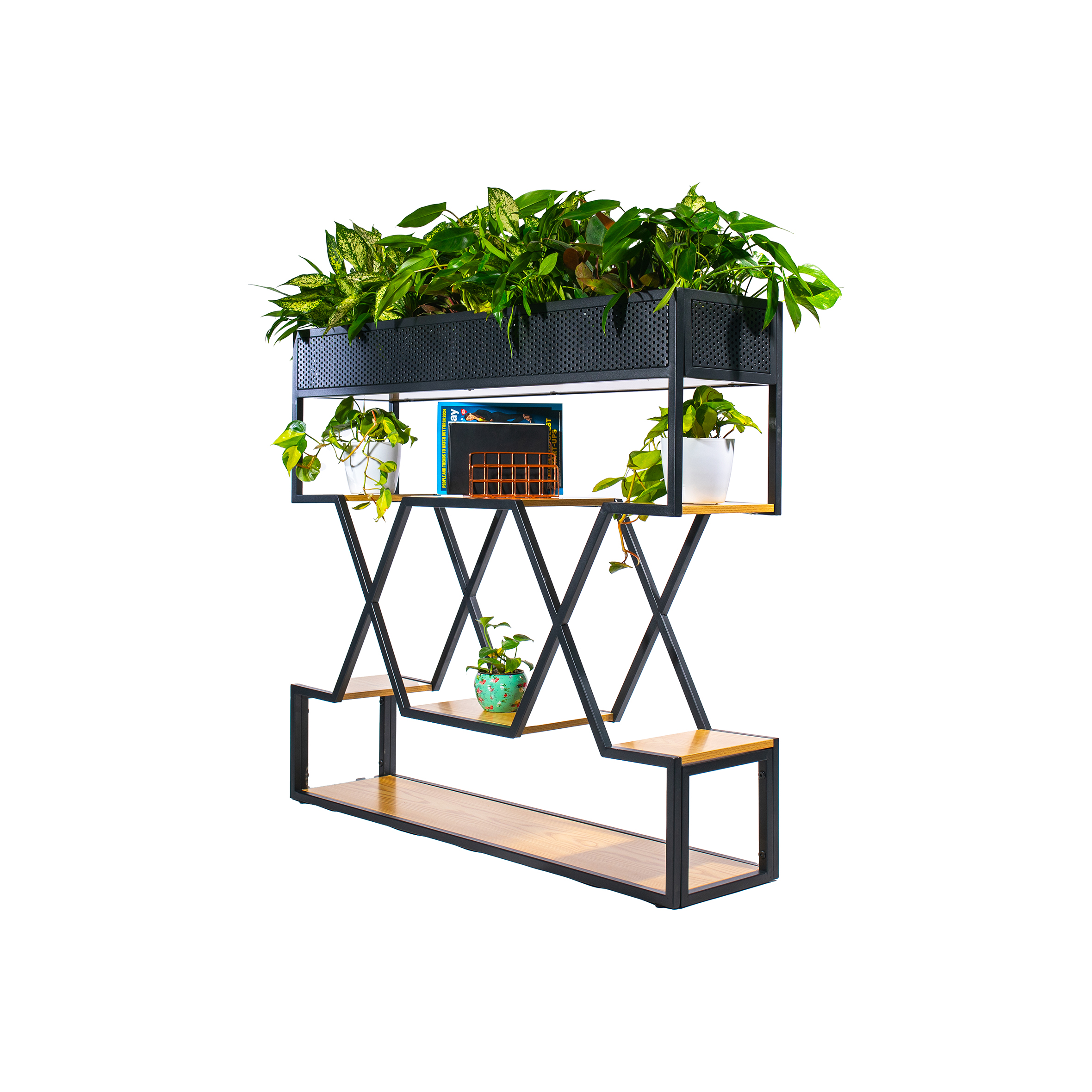 A geometric shelves unit with hexagonal metal frames, holding potted plants on each side. The top features lush green plants, conveying a modern, eco-friendly vibe.