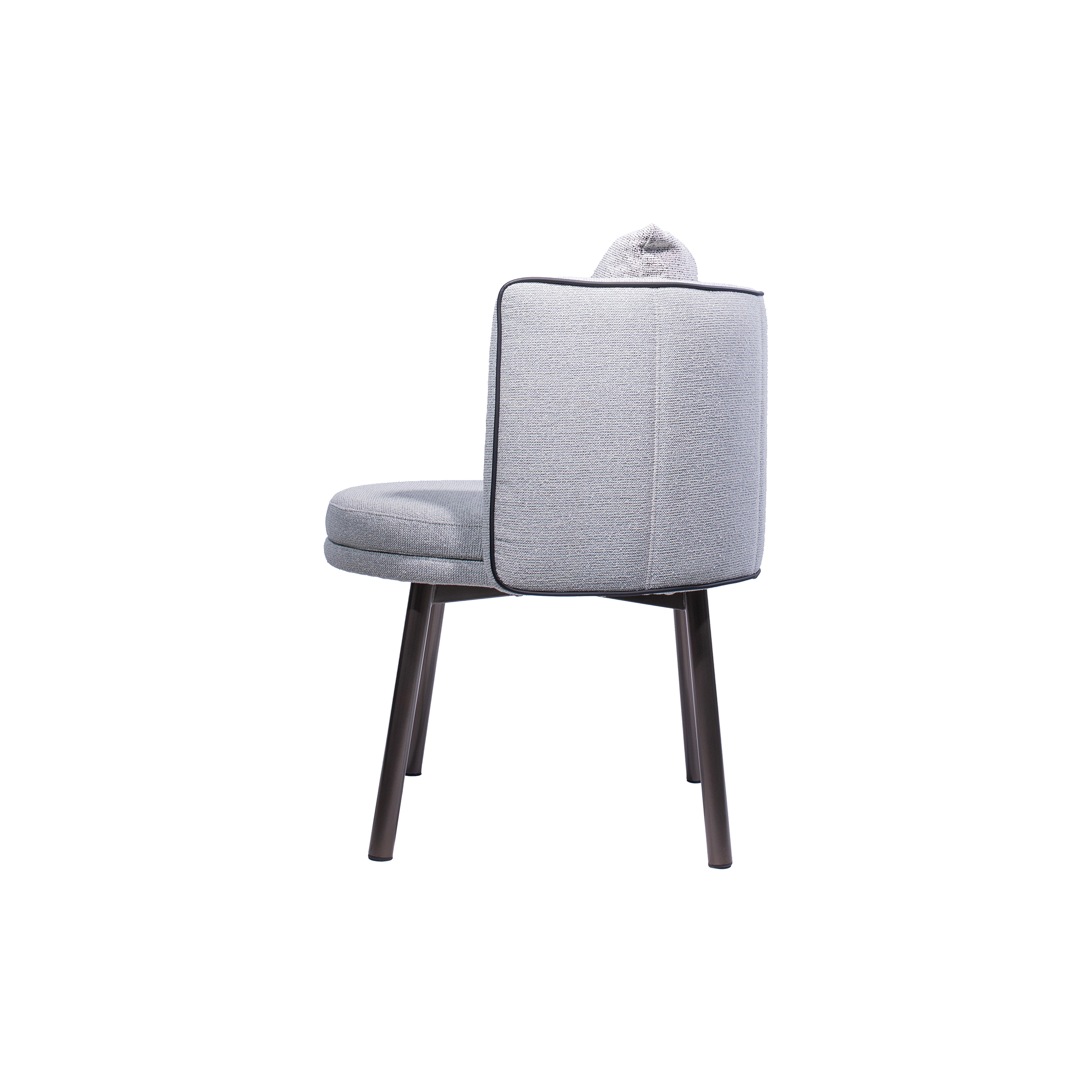 A modern gray armchair with black legs, featuring a matching textured cushion. The chair is minimalist, conveying a sleek and contemporary design.
