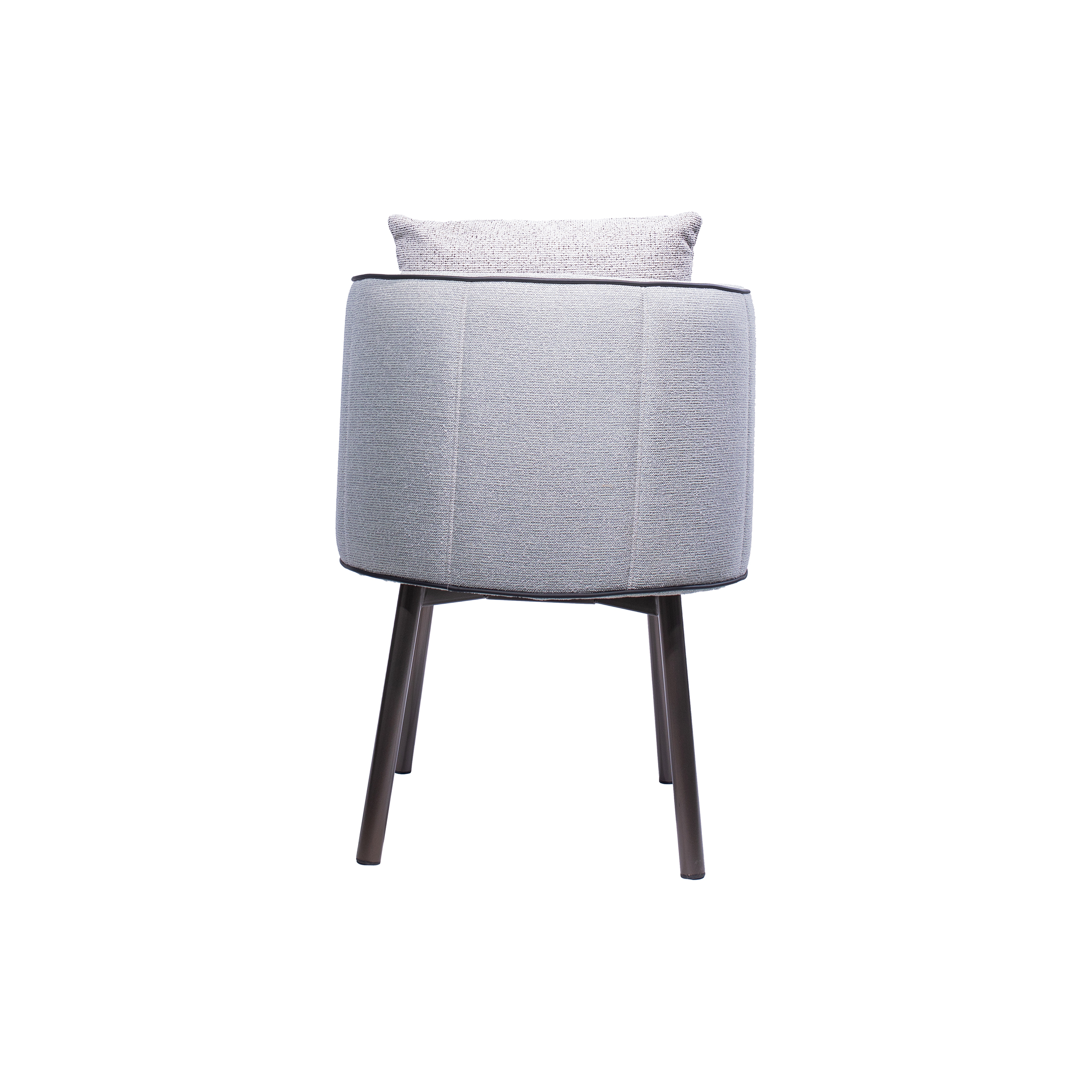 A modern gray armchair with black legs, featuring a matching textured cushion. The chair is minimalist, conveying a sleek and contemporary design.