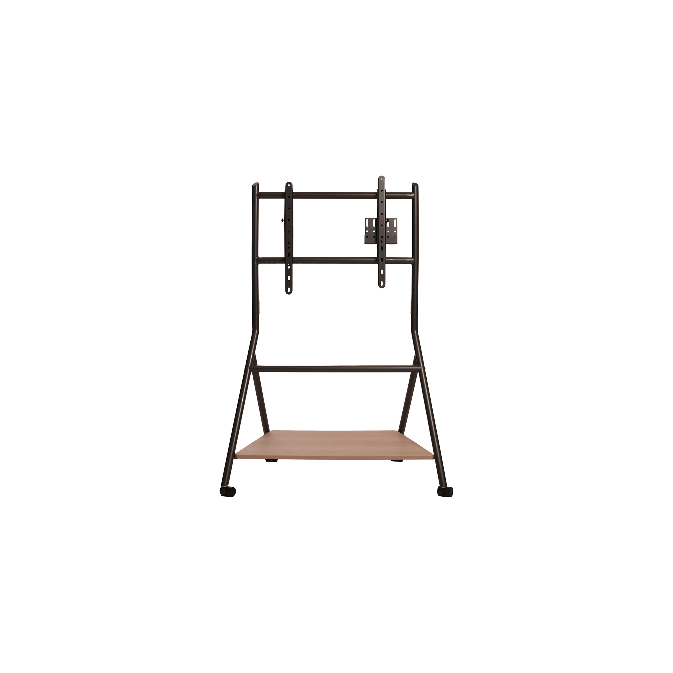 A metal TV stand with a black, minimalist frame, adjustable mount, and a wooden shelf at the bottom. It rests on small wheels for mobility.
