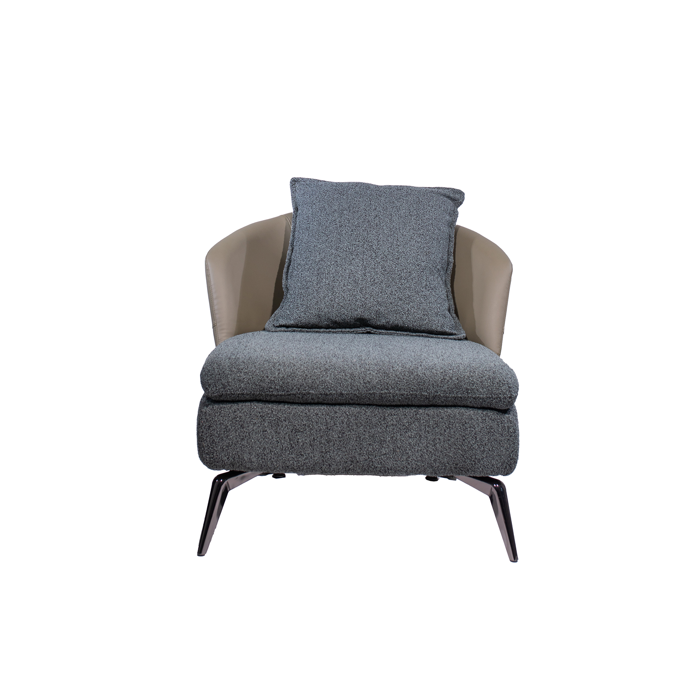 Modern chair with gray upholstery and plush cushion, featuring sleek dark metal legs. It conveys comfort and contemporary style.