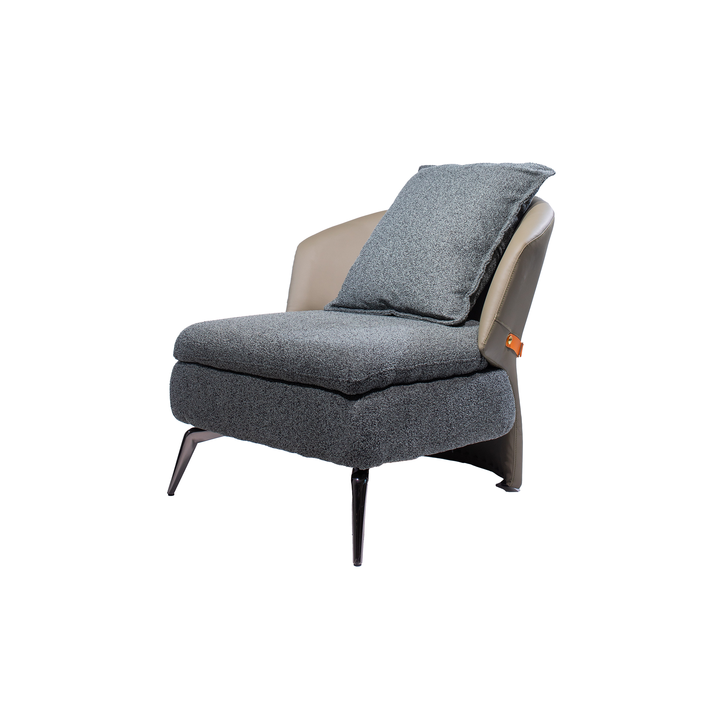Modern chair with gray upholstery and plush cushion, featuring sleek dark metal legs. It conveys comfort and contemporary style.