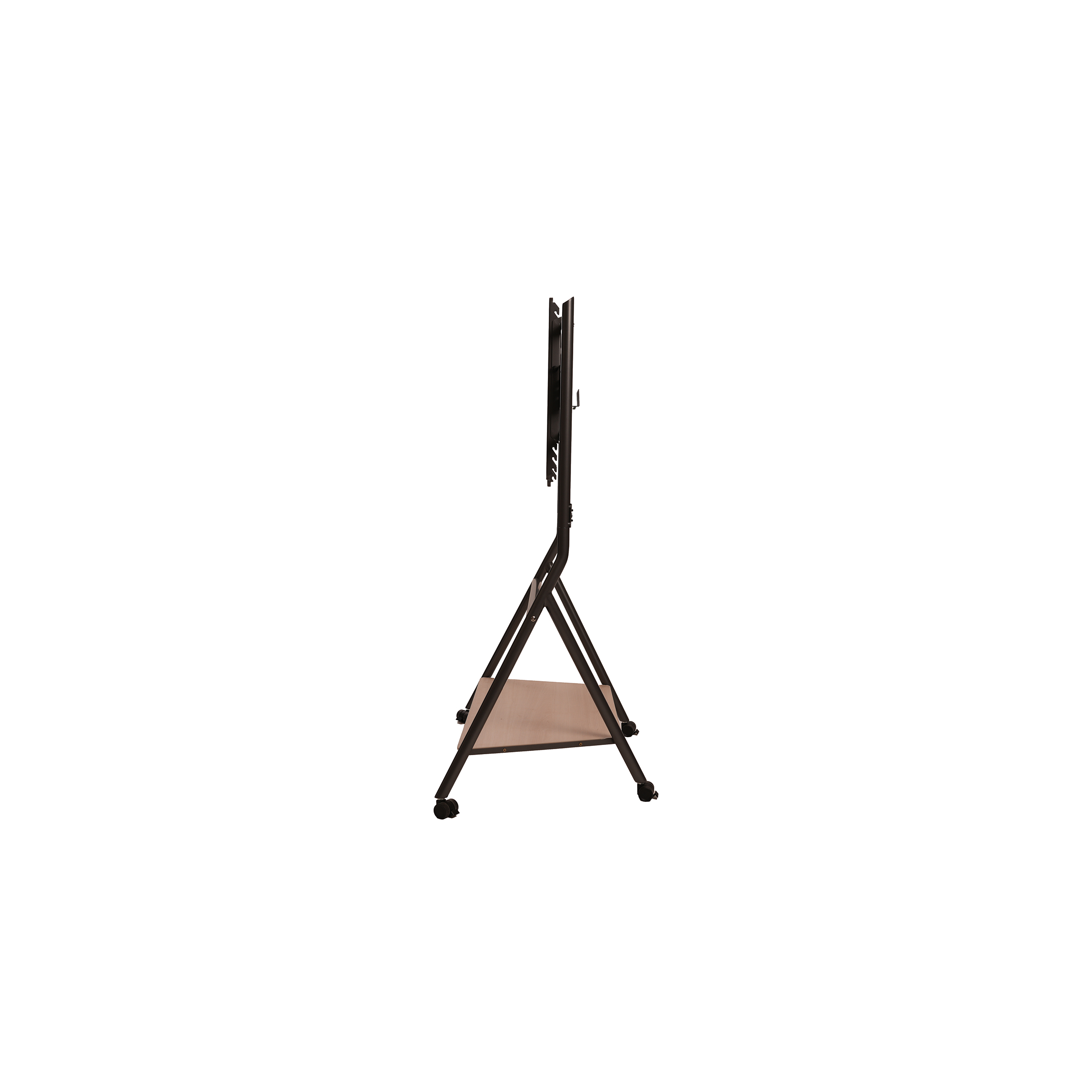 A metal TV stand with a black, minimalist frame, adjustable mount, and a wooden shelf at the bottom. It rests on small wheels for mobility.