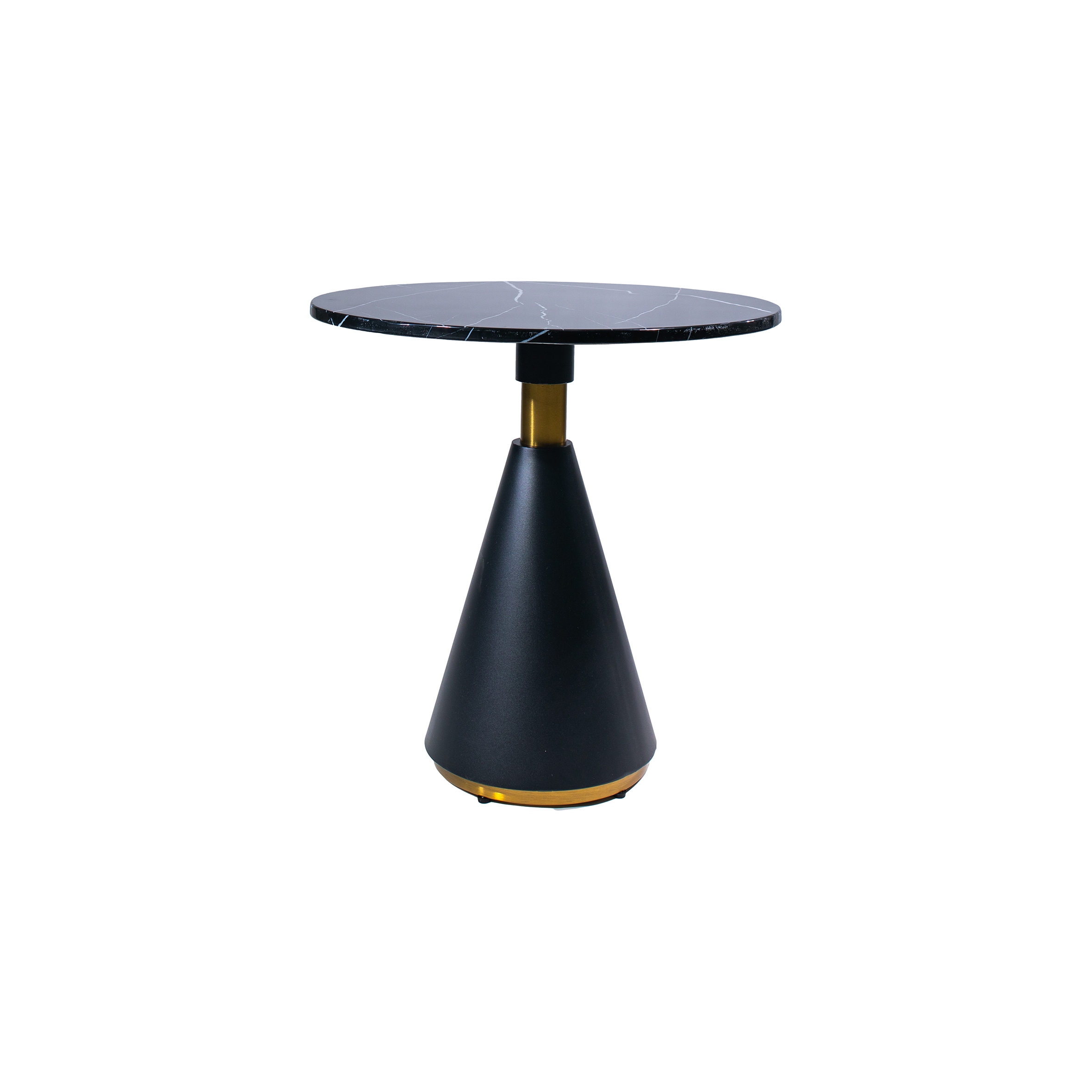 A modern round side table with a black marble top and matte black conical base. The base is accented by a gold-colored central column.