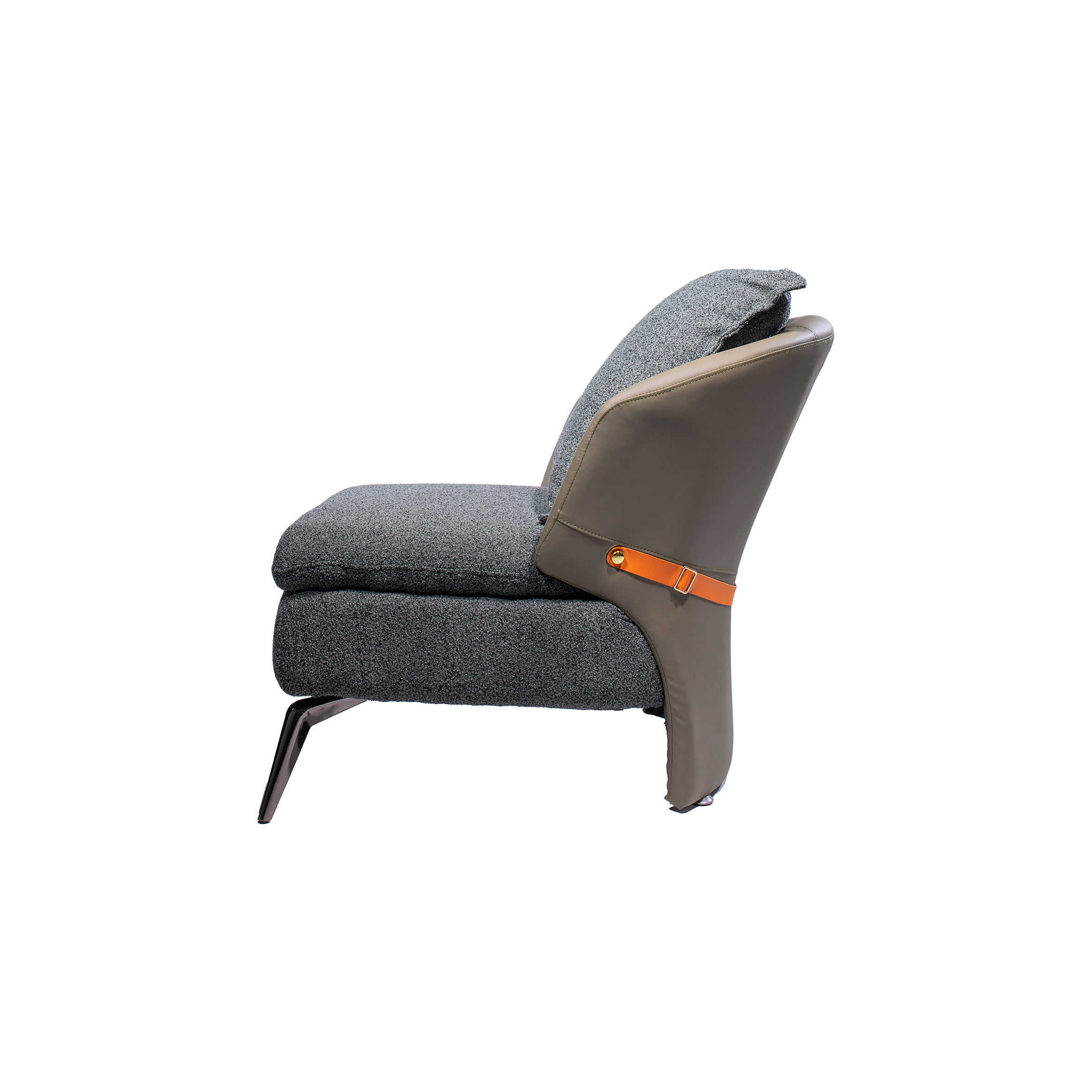 Modern chair with gray upholstery and plush cushion, featuring sleek dark metal legs. It conveys comfort and contemporary style.