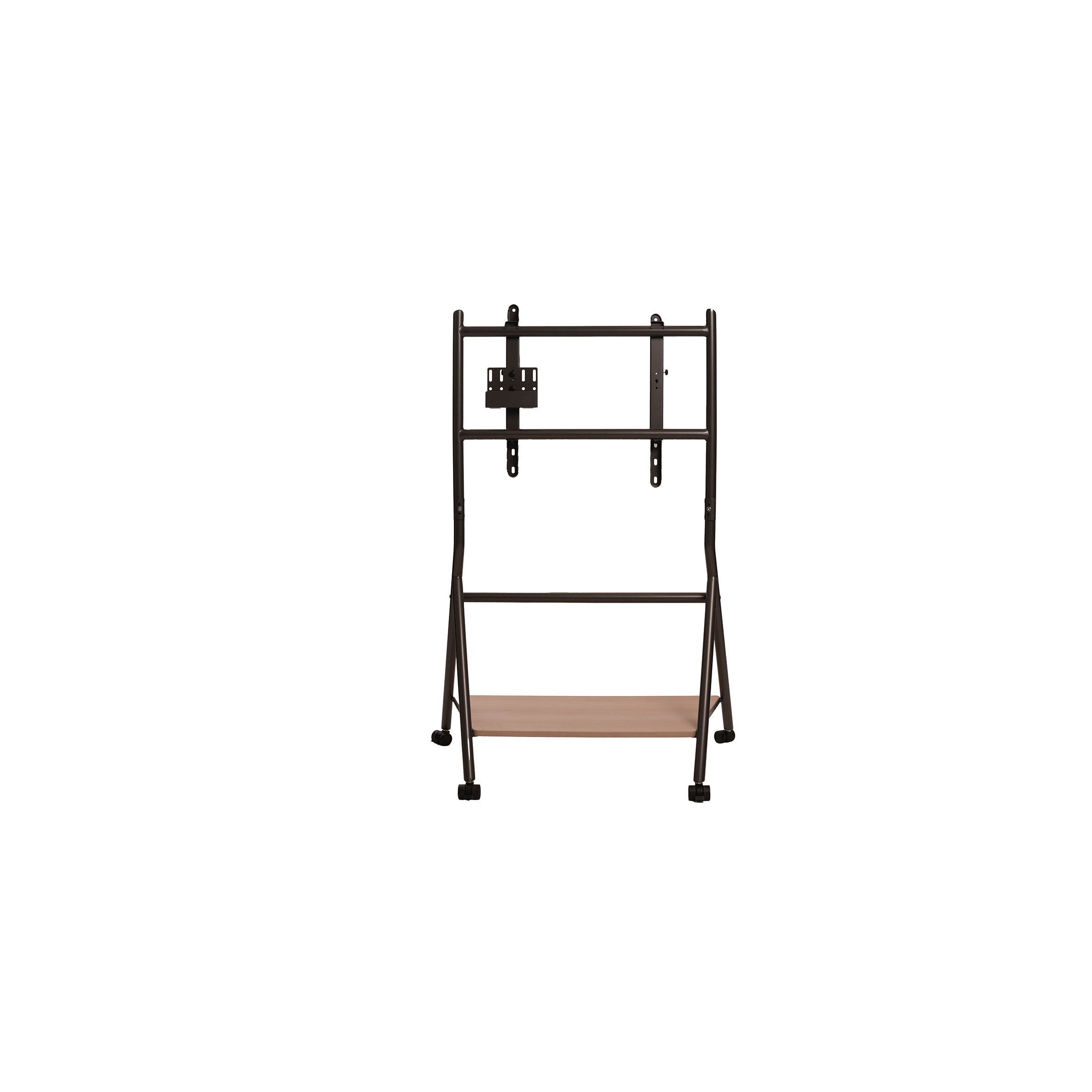 A metal TV stand with a black, minimalist frame, adjustable mount, and a wooden shelf at the bottom. It rests on small wheels for mobility.