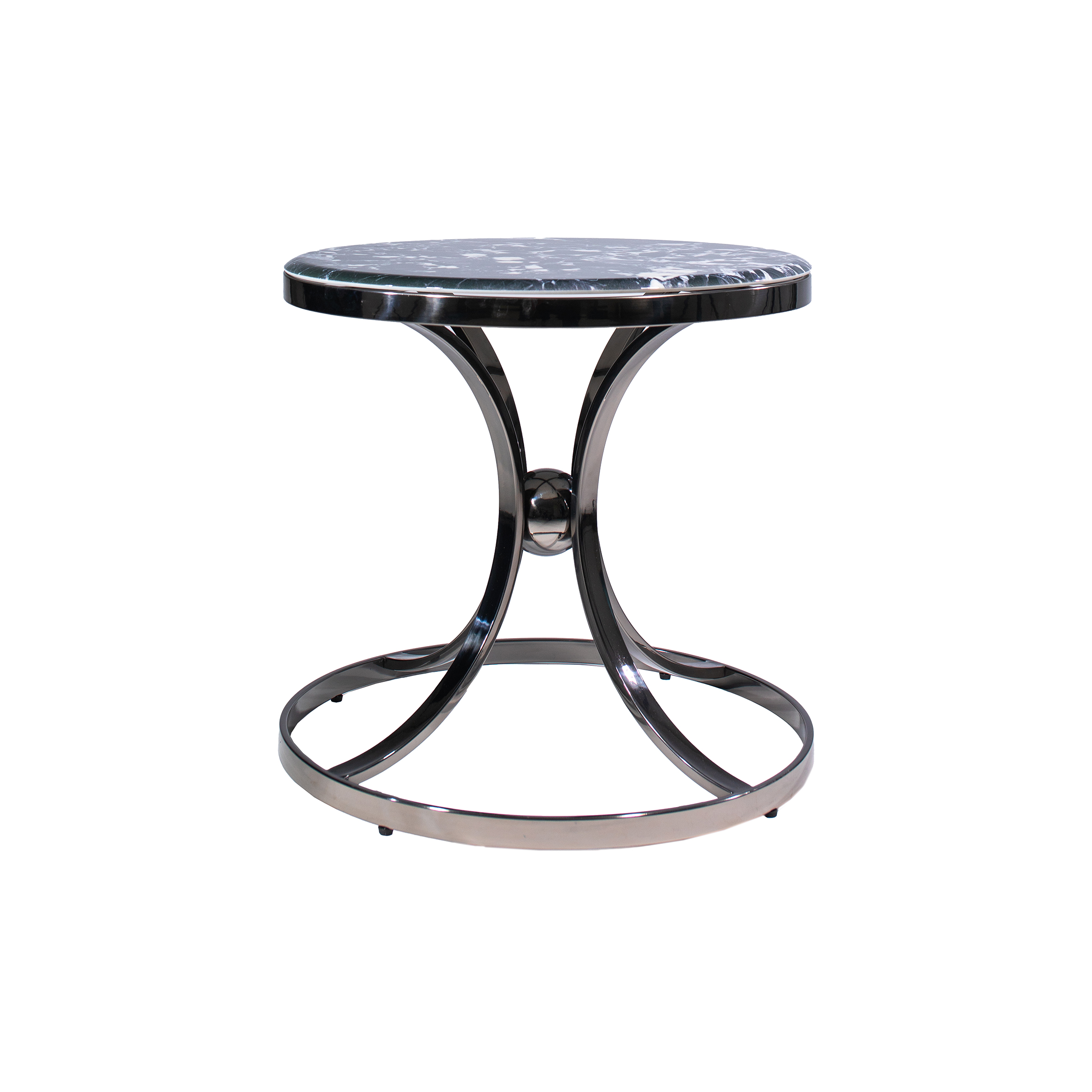 Sleek round accent table with a dark marble top and polished stainless-steel base. The base features curved supports creating a modern, elegant look.