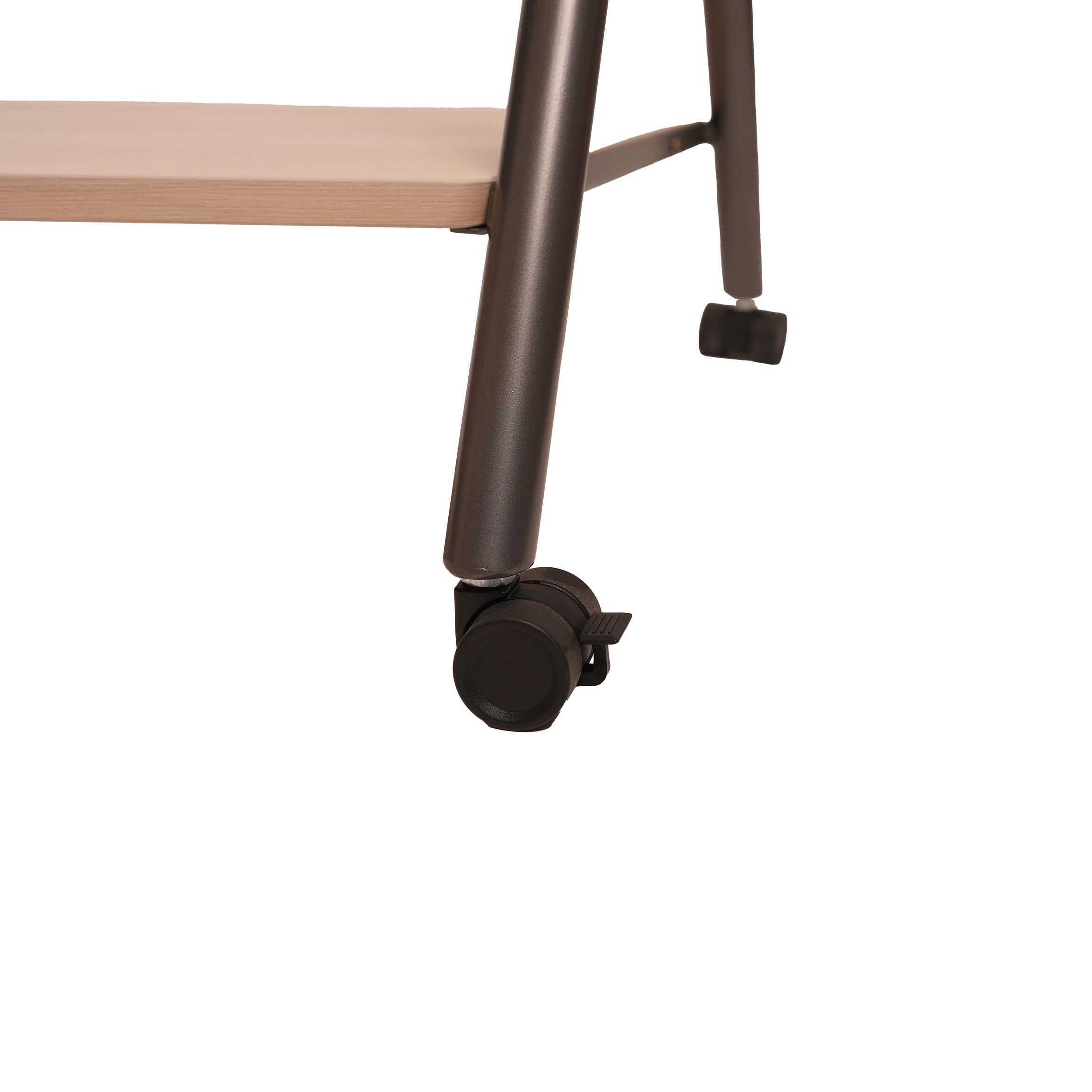 A metal TV stand with a black, minimalist frame, adjustable mount, and a wooden shelf at the bottom. It rests on small wheels for mobility.