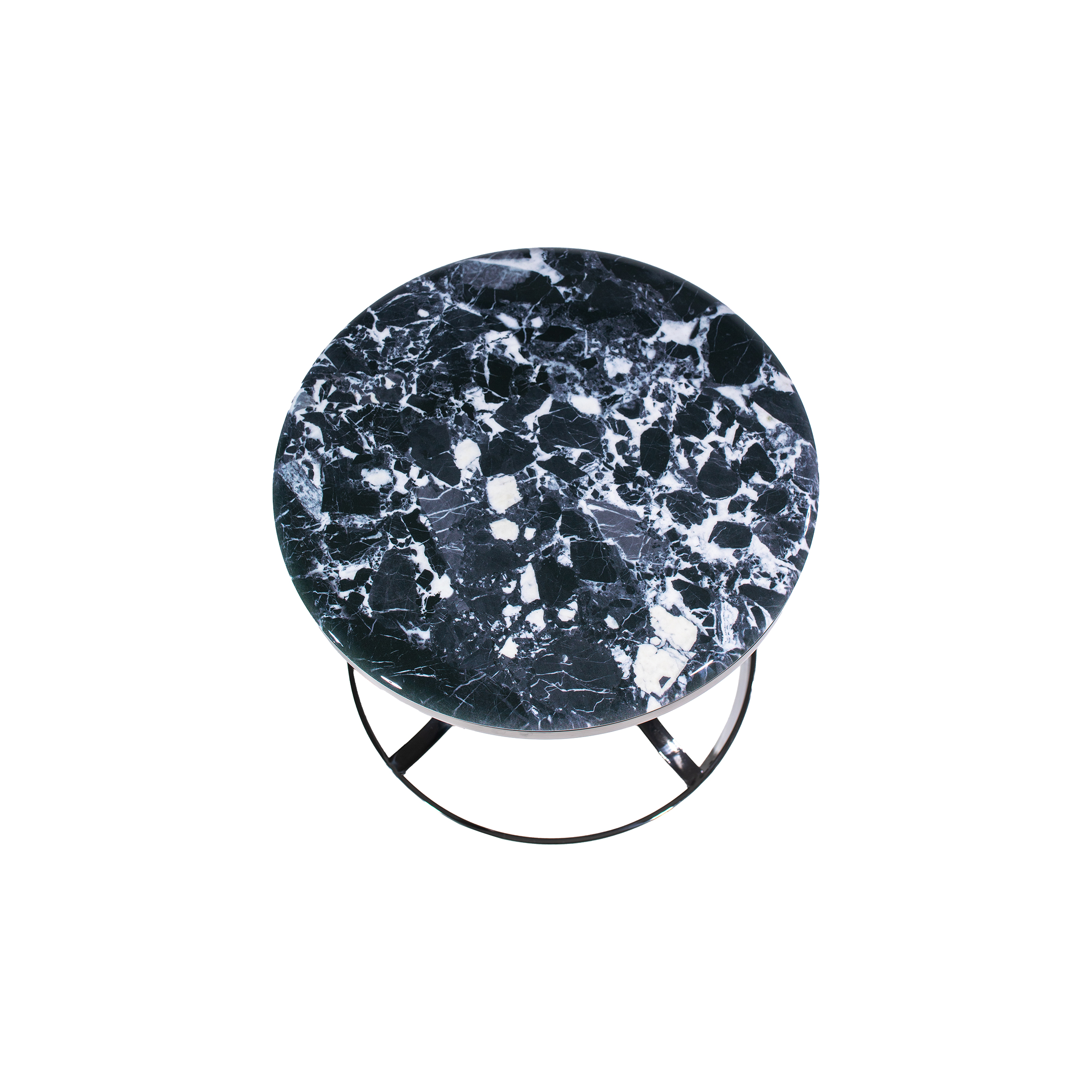 Sleek round accent table with a dark marble top and polished stainless-steel base. The base features curved supports creating a modern, elegant look.