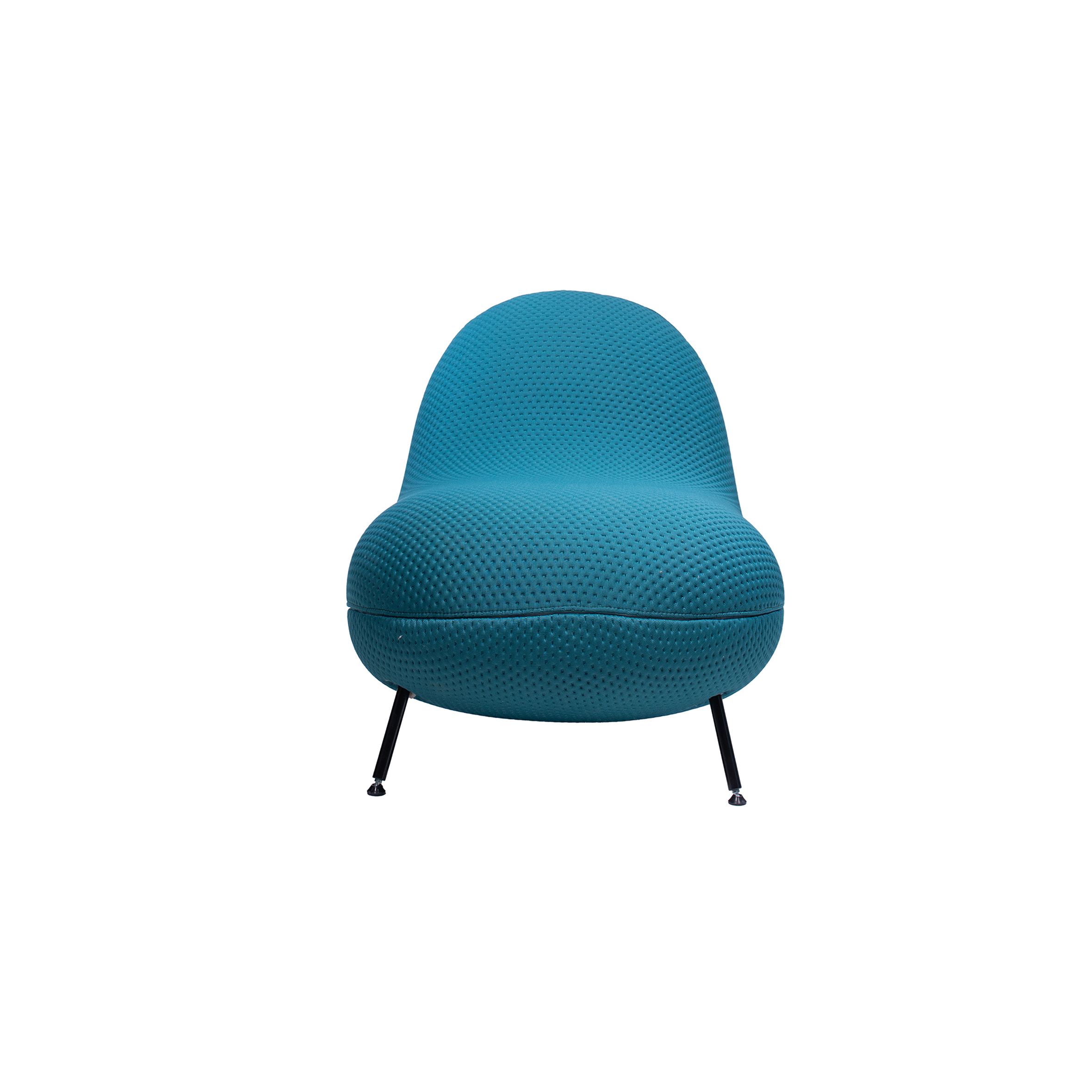 A modern, teal blue chair with a textured, rounded design and sleek black metal legs. The chair conveys a contemporary and inviting look.