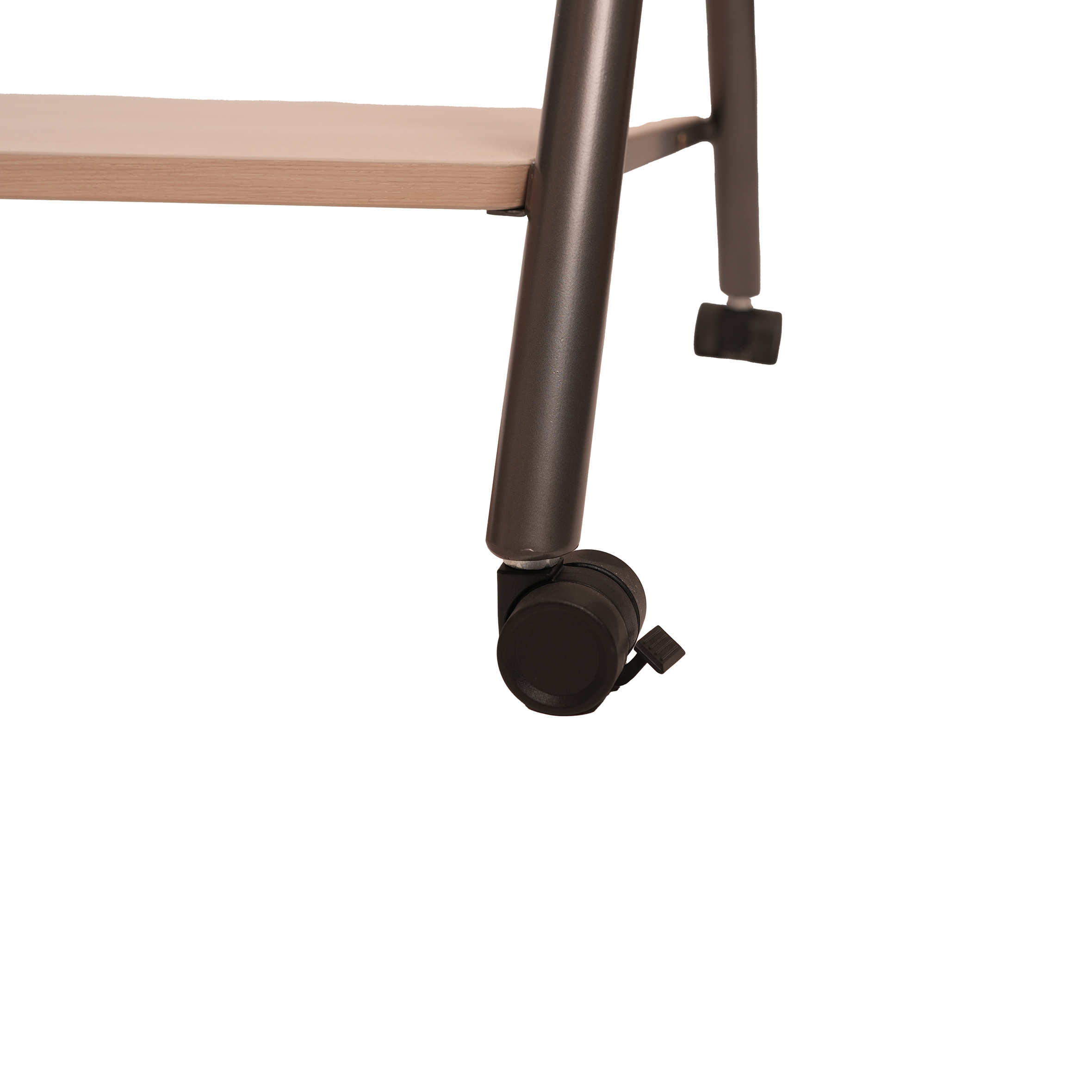 A metal TV stand with a black, minimalist frame, adjustable mount, and a wooden shelf at the bottom. It rests on small wheels for mobility.