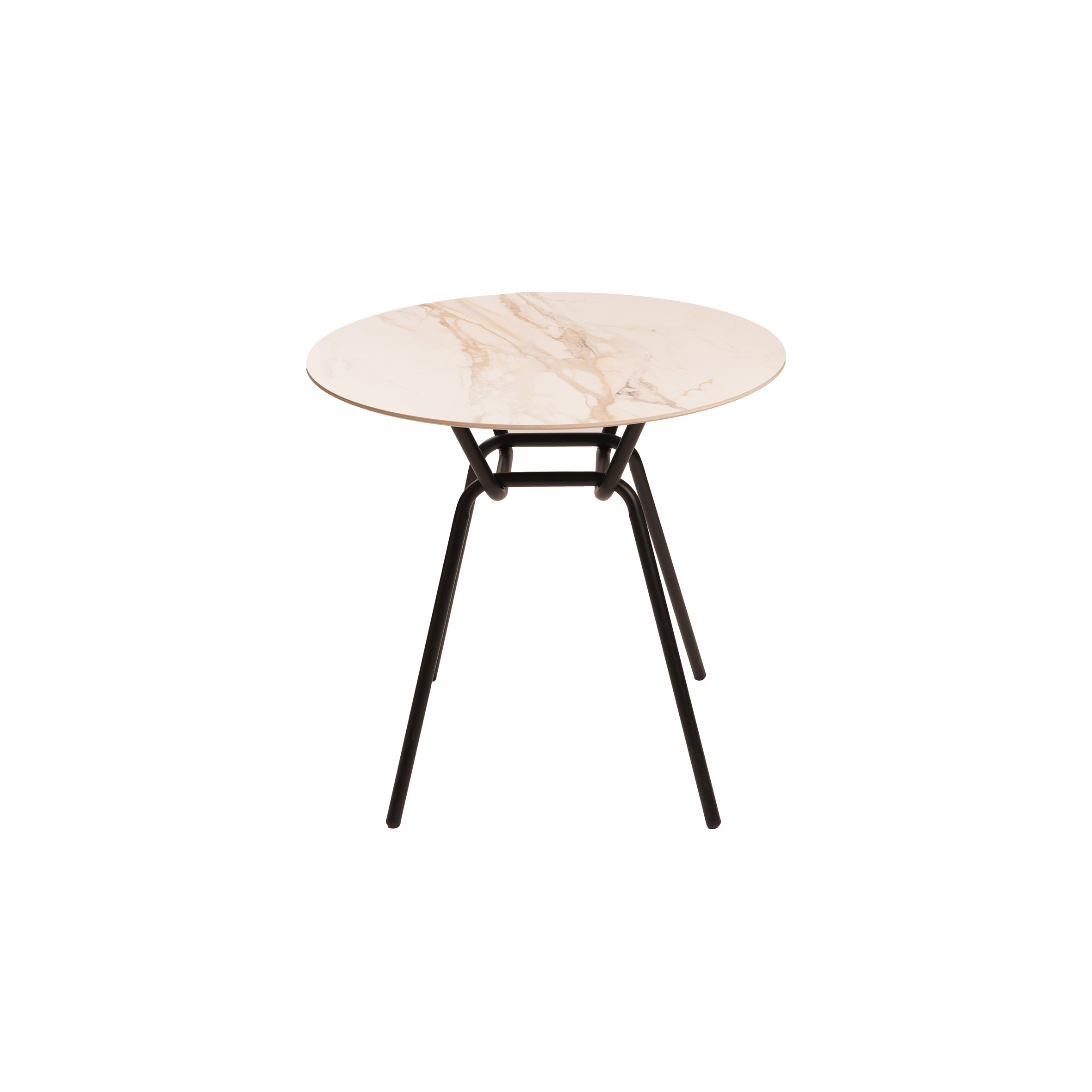 Modern round table with a light marble-patterned top and sleek, black metal legs. The design is minimalist and stylish, conveying elegance.