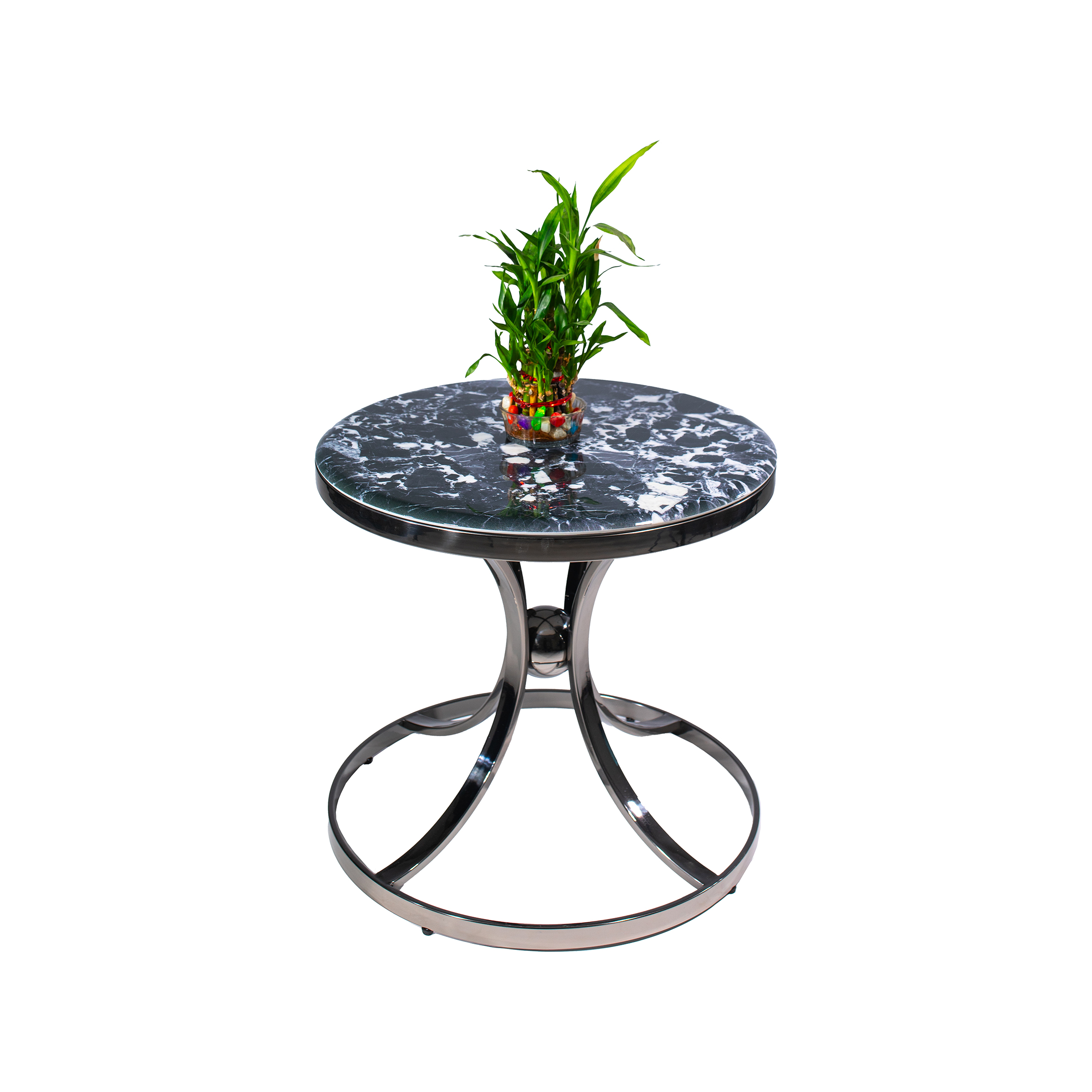 Sleek round accent table with a dark marble top and polished stainless-steel base. The base features curved supports creating a modern, elegant look.