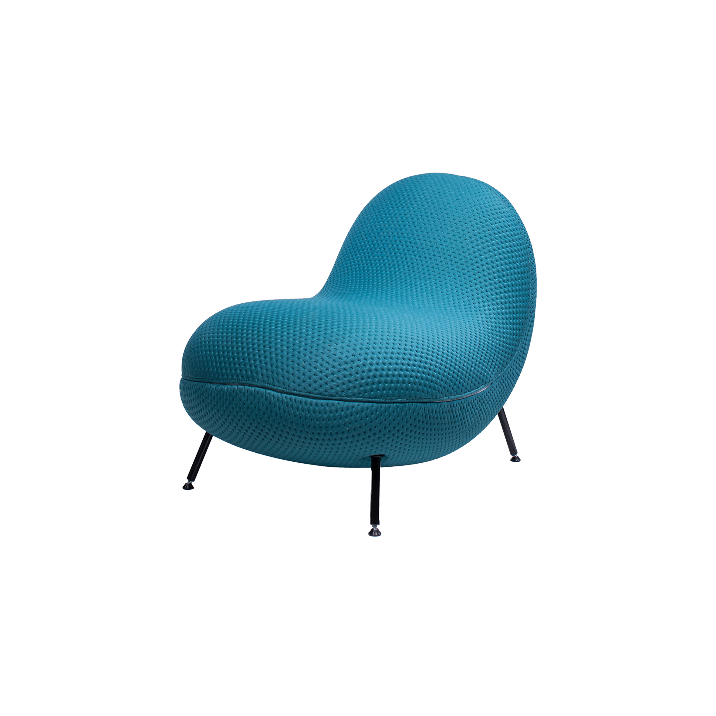 A modern, teal blue chair with a textured, rounded design and sleek black metal legs. The chair conveys a contemporary and inviting look.