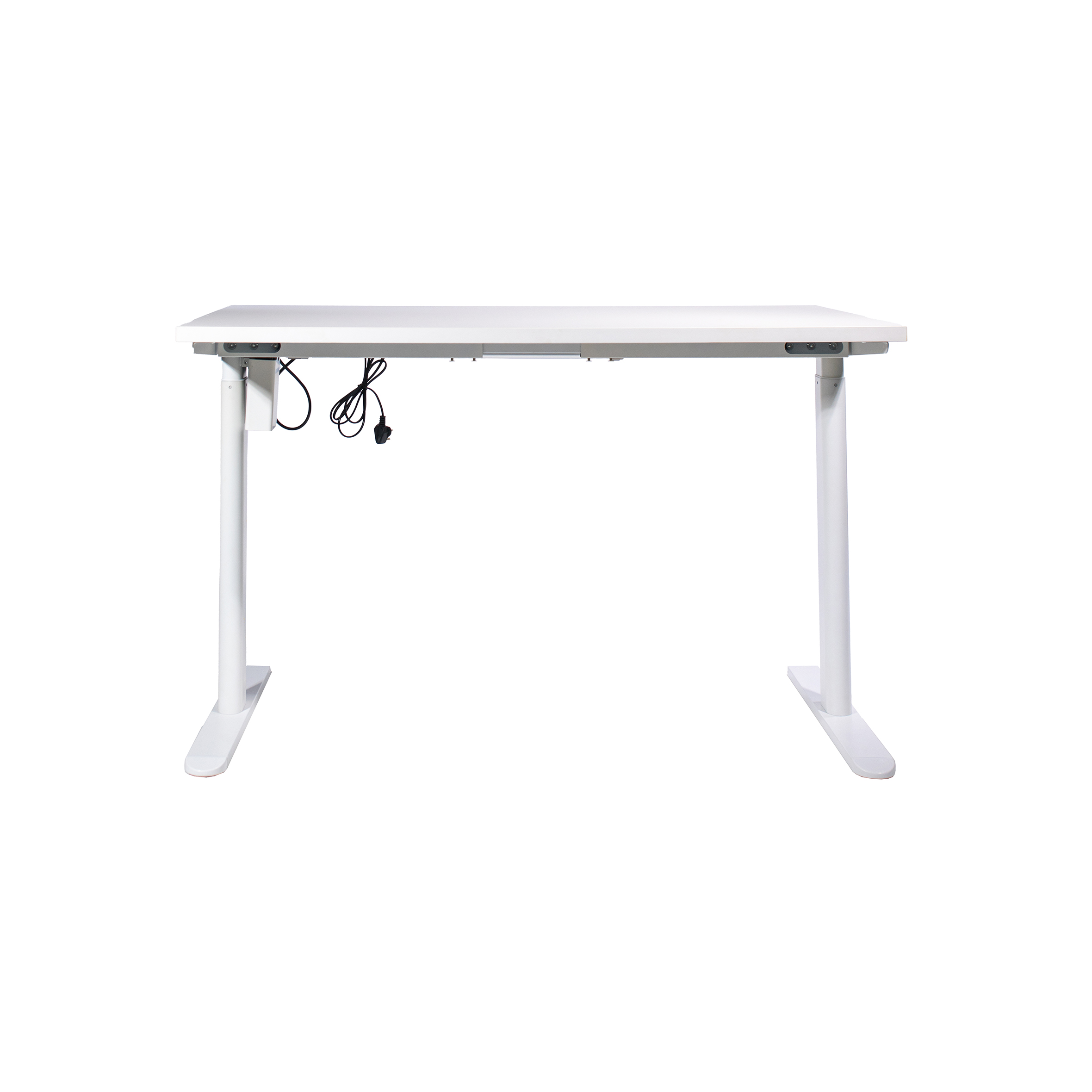 A white adjustable standing desk with a sleek, minimalist design. Two black cords hang from the underside, and the desk stands on T-shaped legs.