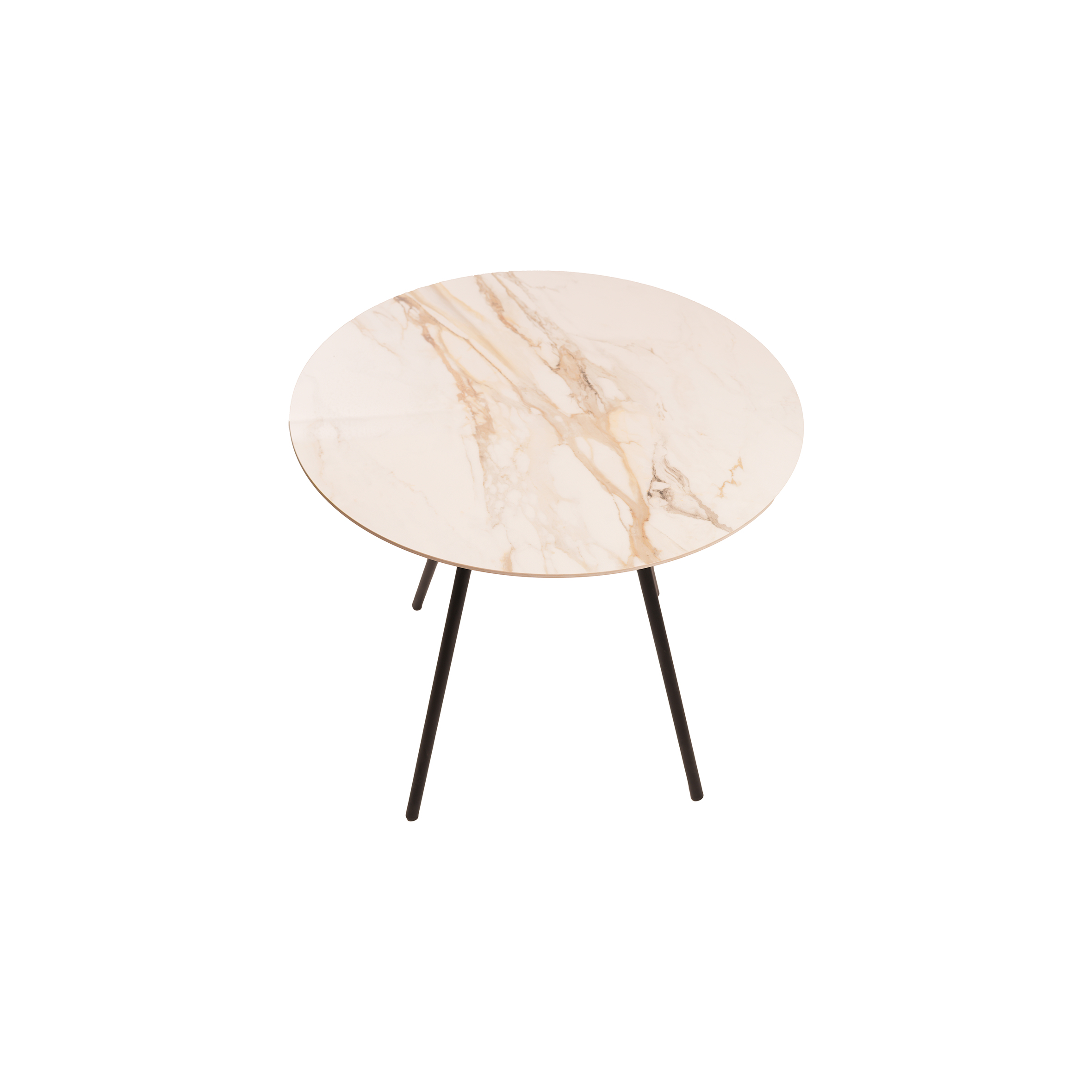 Modern round table with a light marble-patterned top and sleek, black metal legs. The design is minimalist and stylish, conveying elegance.