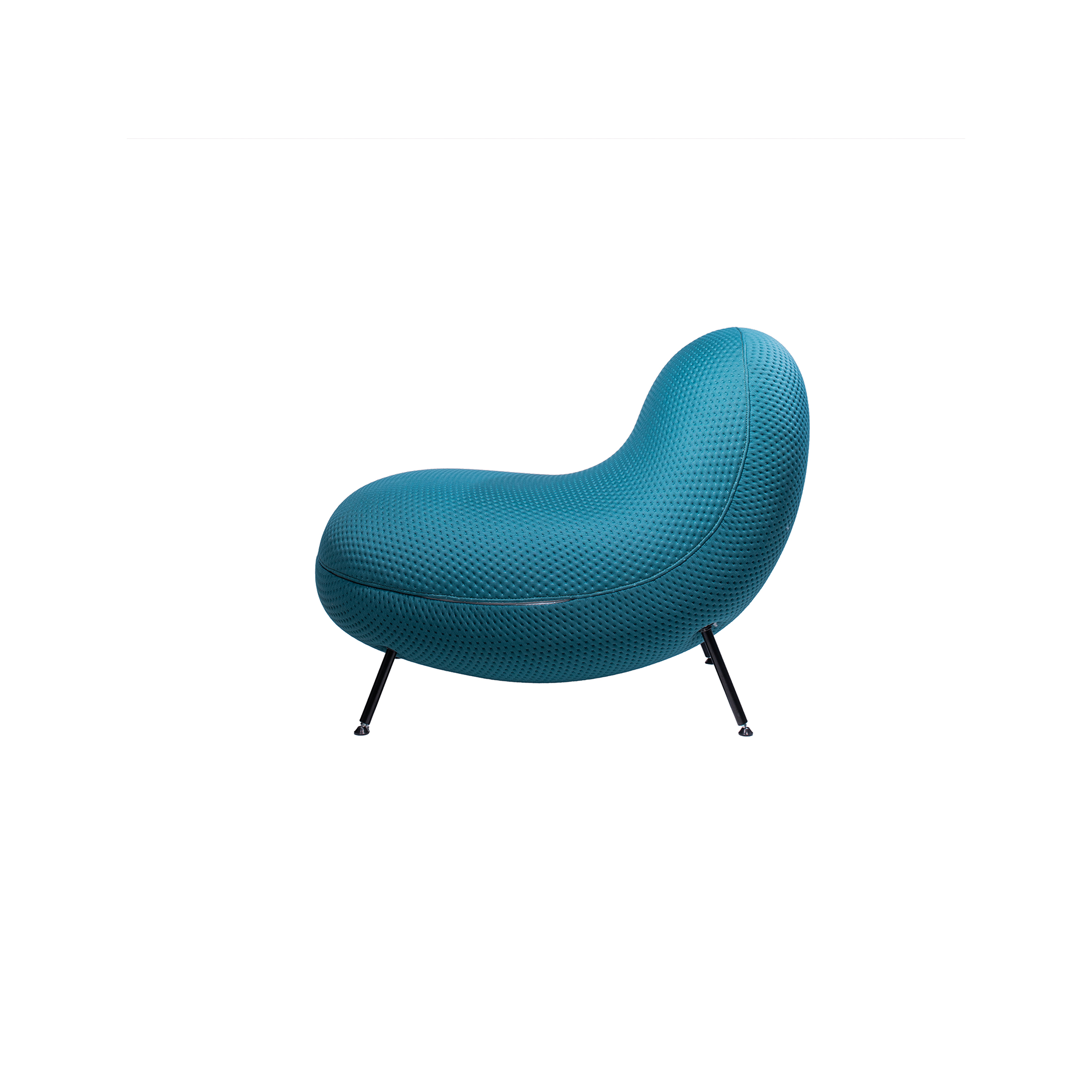 A modern, teal blue chair with a textured, rounded design and sleek black metal legs. The chair conveys a contemporary and inviting look.
