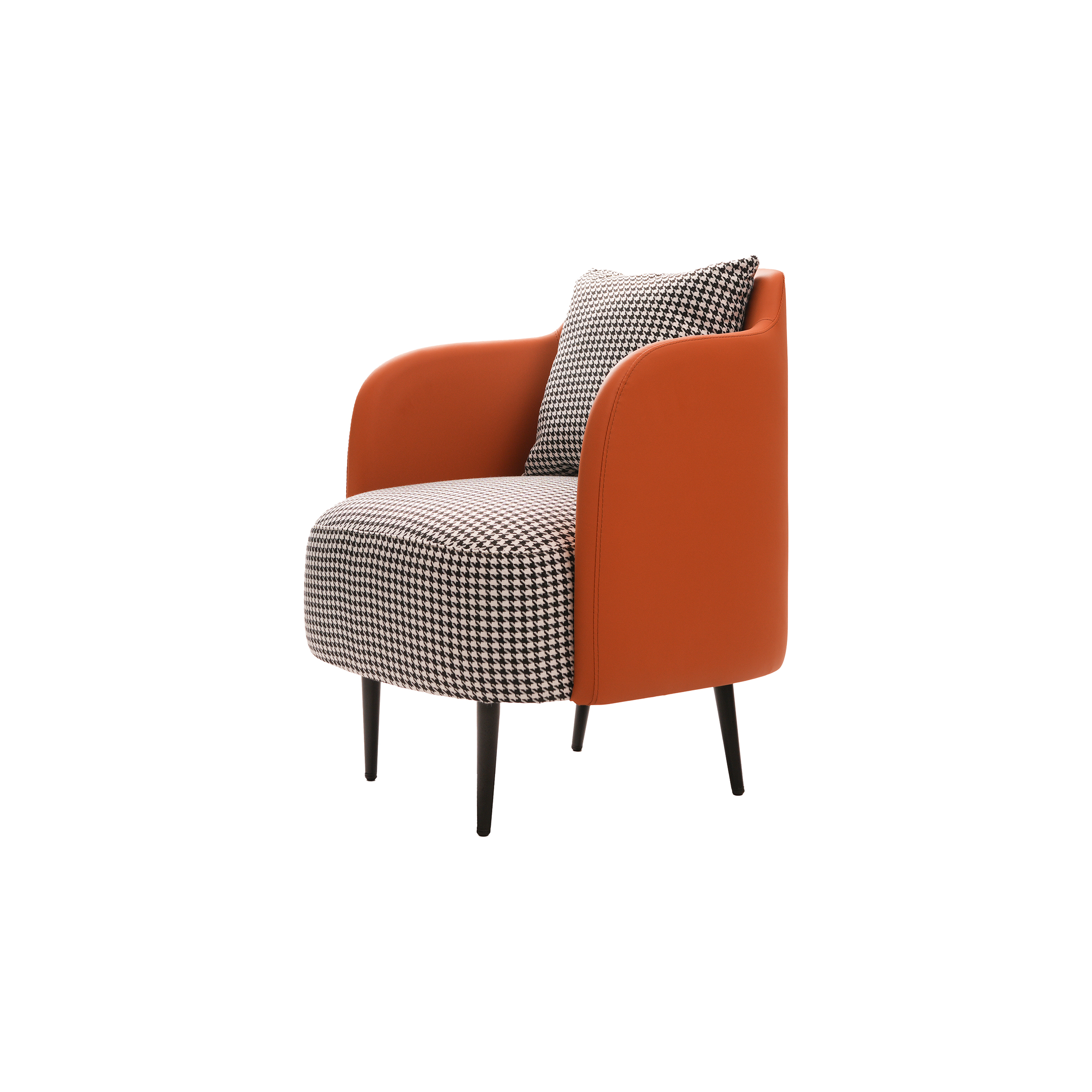 A stylish armchair with brown leather sides, black wooden legs, and houndstooth fabric on the seat and cushion, conveying a modern, cozy vibe.
