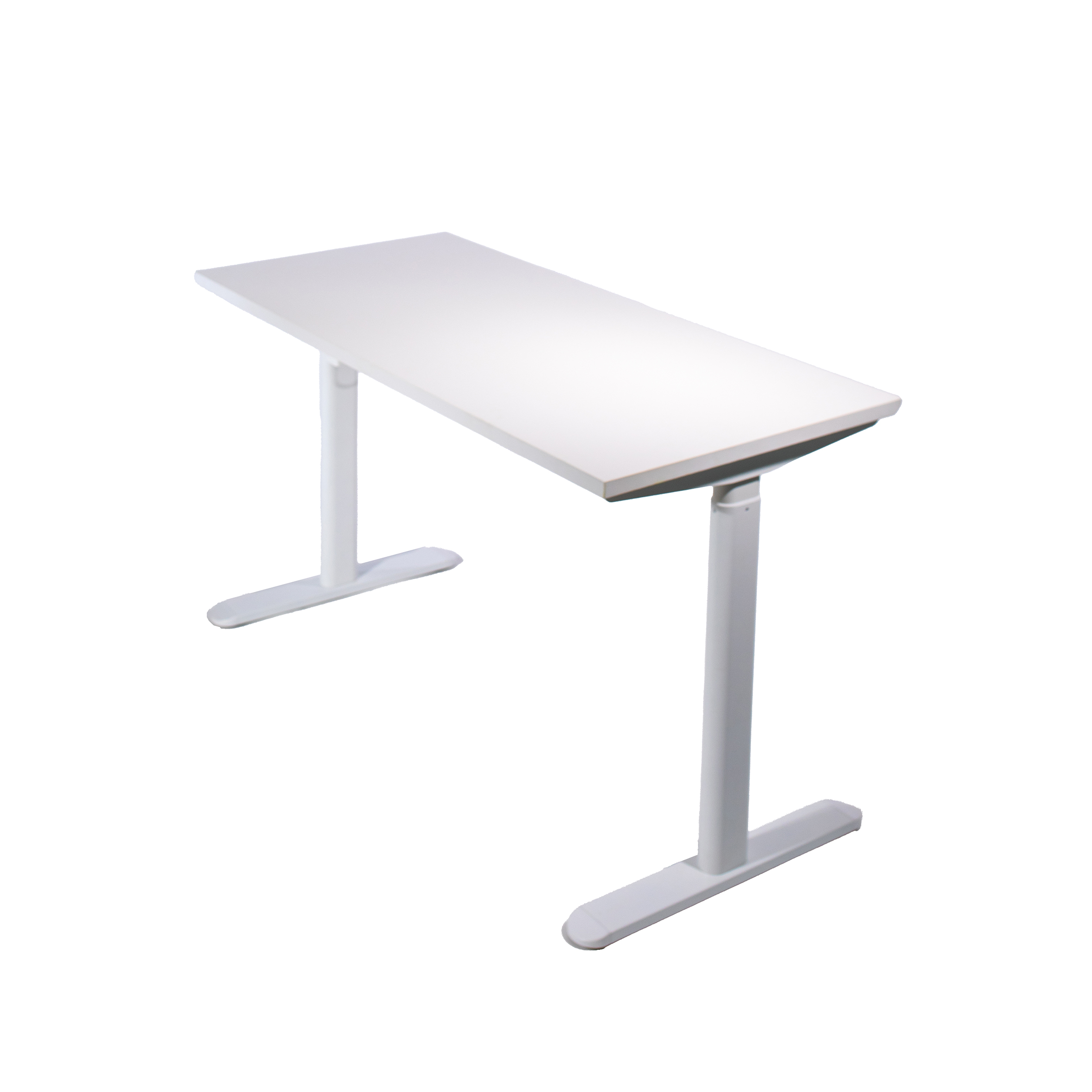 A white adjustable standing desk with a sleek, minimalist design. Two black cords hang from the underside, and the desk stands on T-shaped legs.