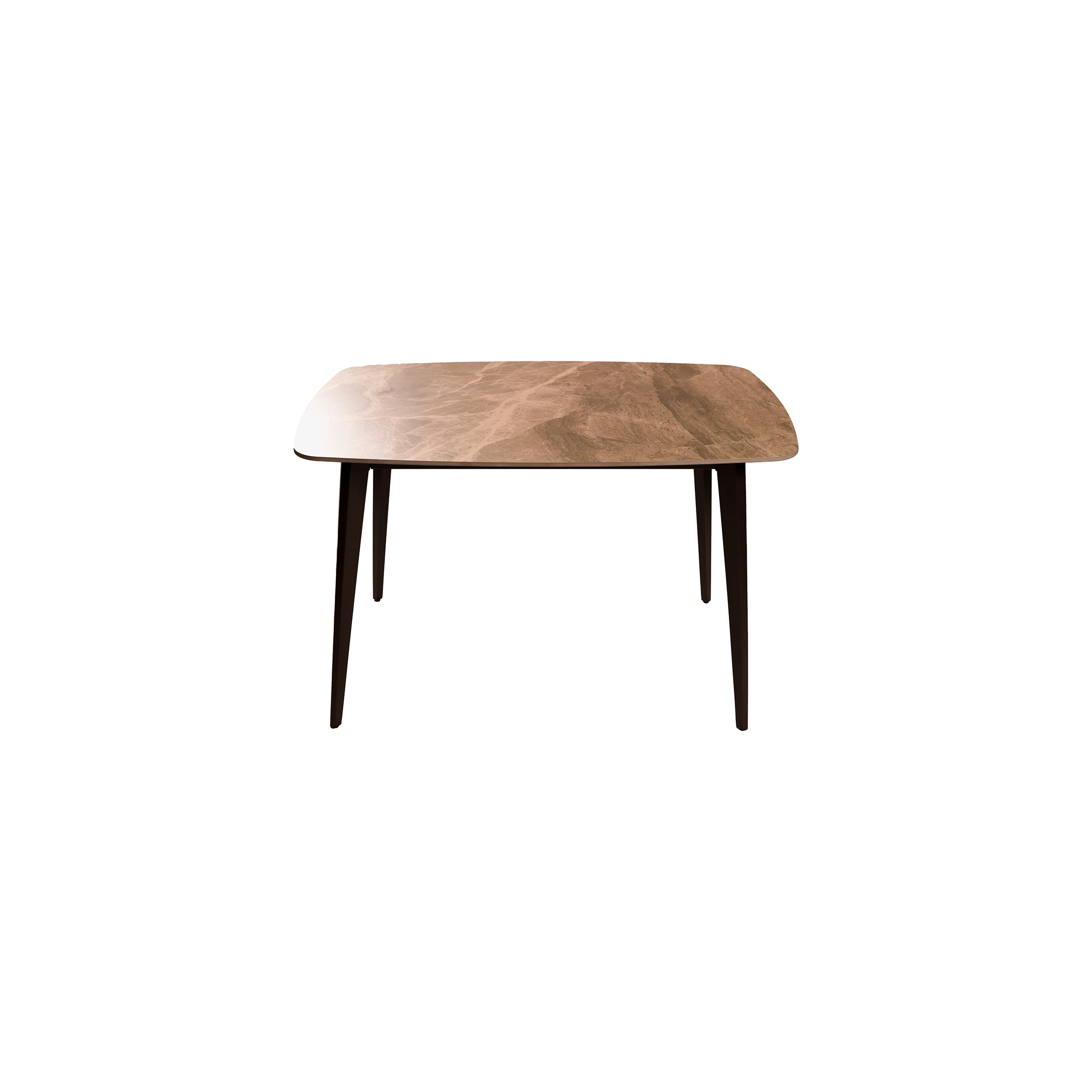 A wooden table with a smooth, brown rectangular top and rounded corners, supported by four slender, dark legs. The design is minimalist and modern.