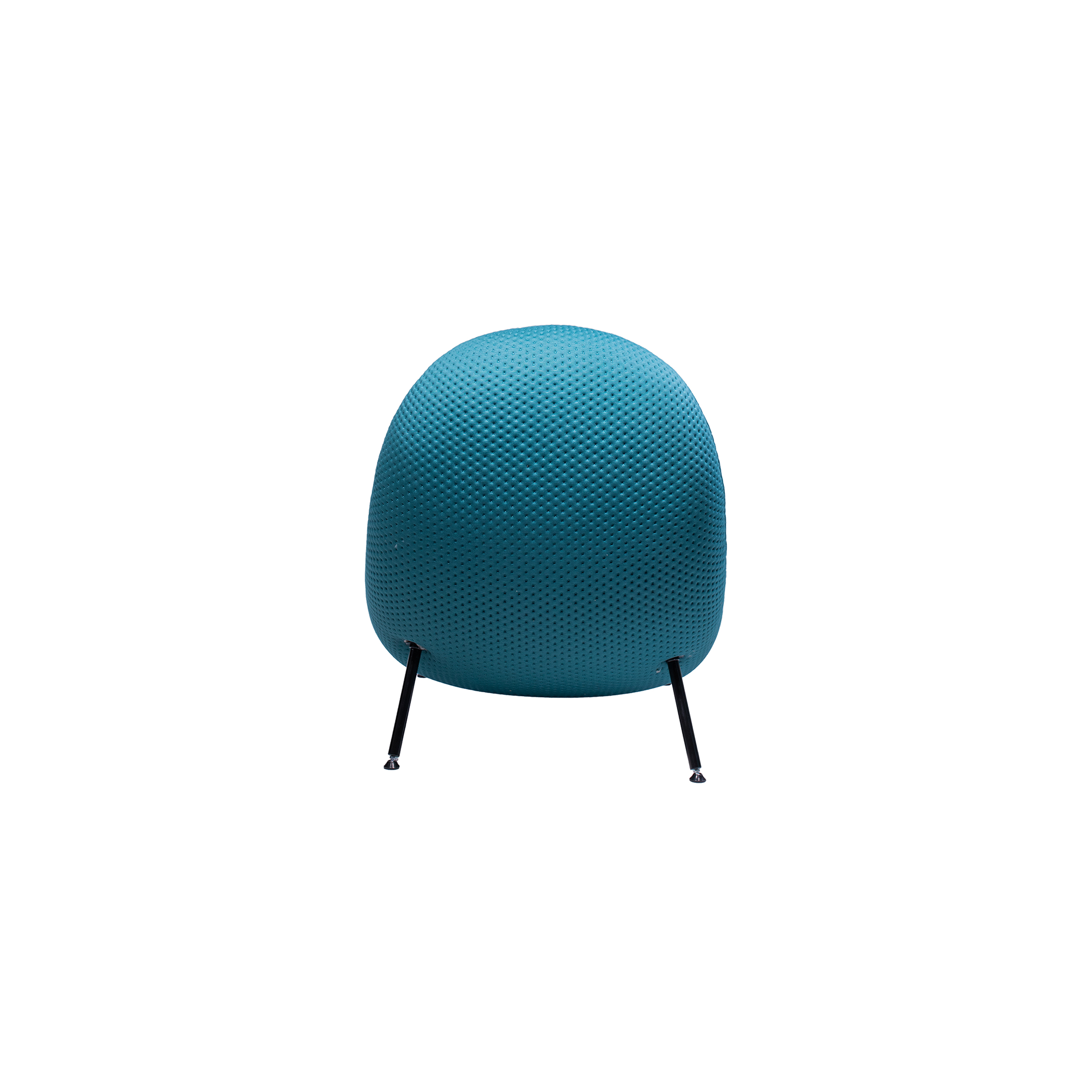 A modern, teal blue chair with a textured, rounded design and sleek black metal legs. The chair conveys a contemporary and inviting look.