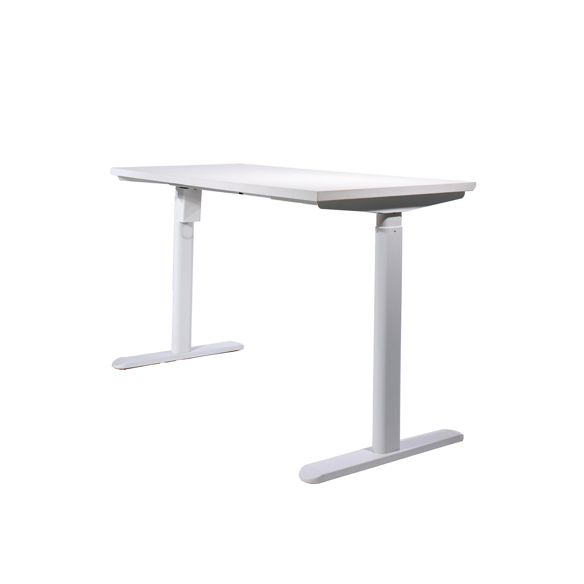 A white adjustable standing desk with a sleek, minimalist design. Two black cords hang from the underside, and the desk stands on T-shaped legs.
