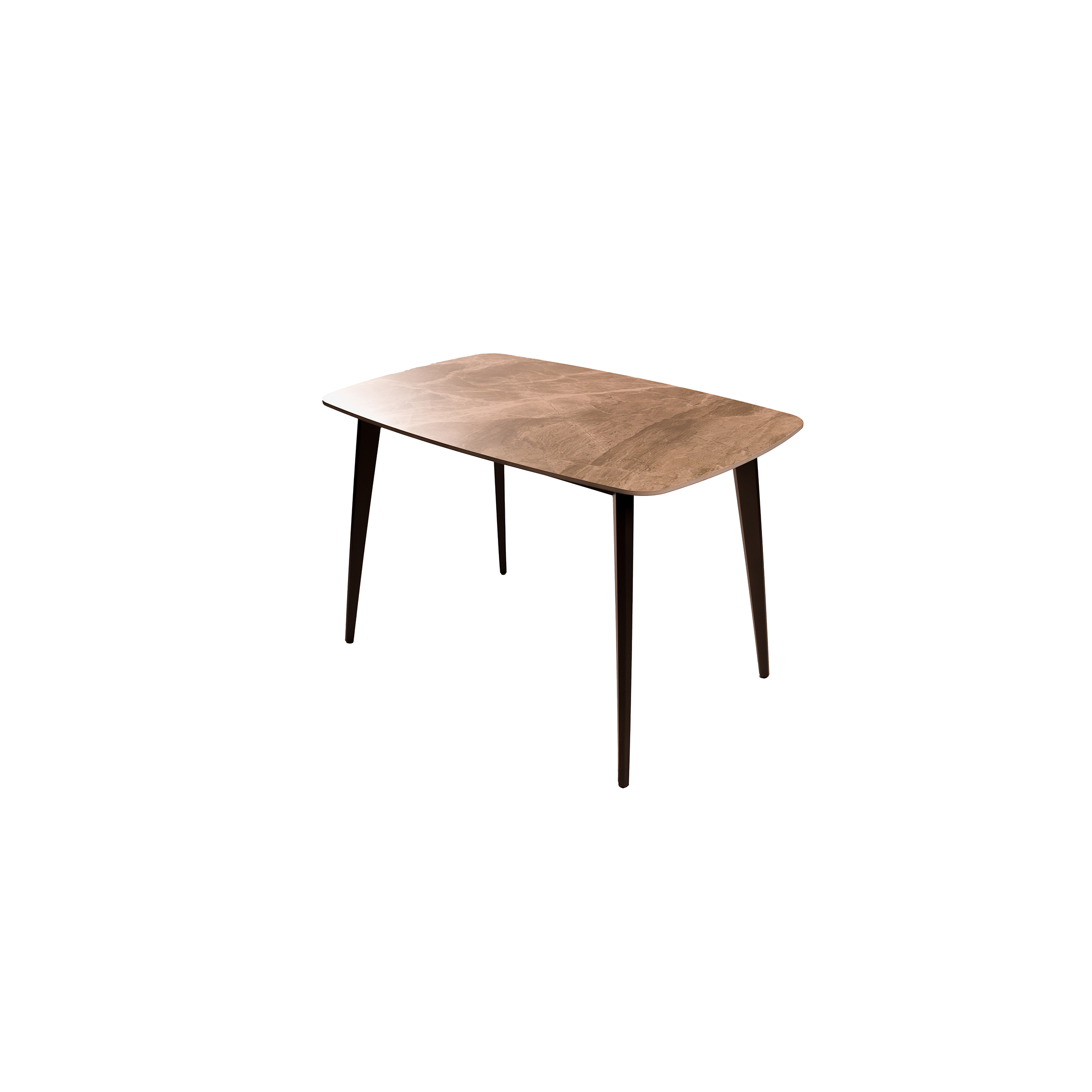A wooden table with a smooth, brown rectangular top and rounded corners, supported by four slender, dark legs. The design is minimalist and modern.