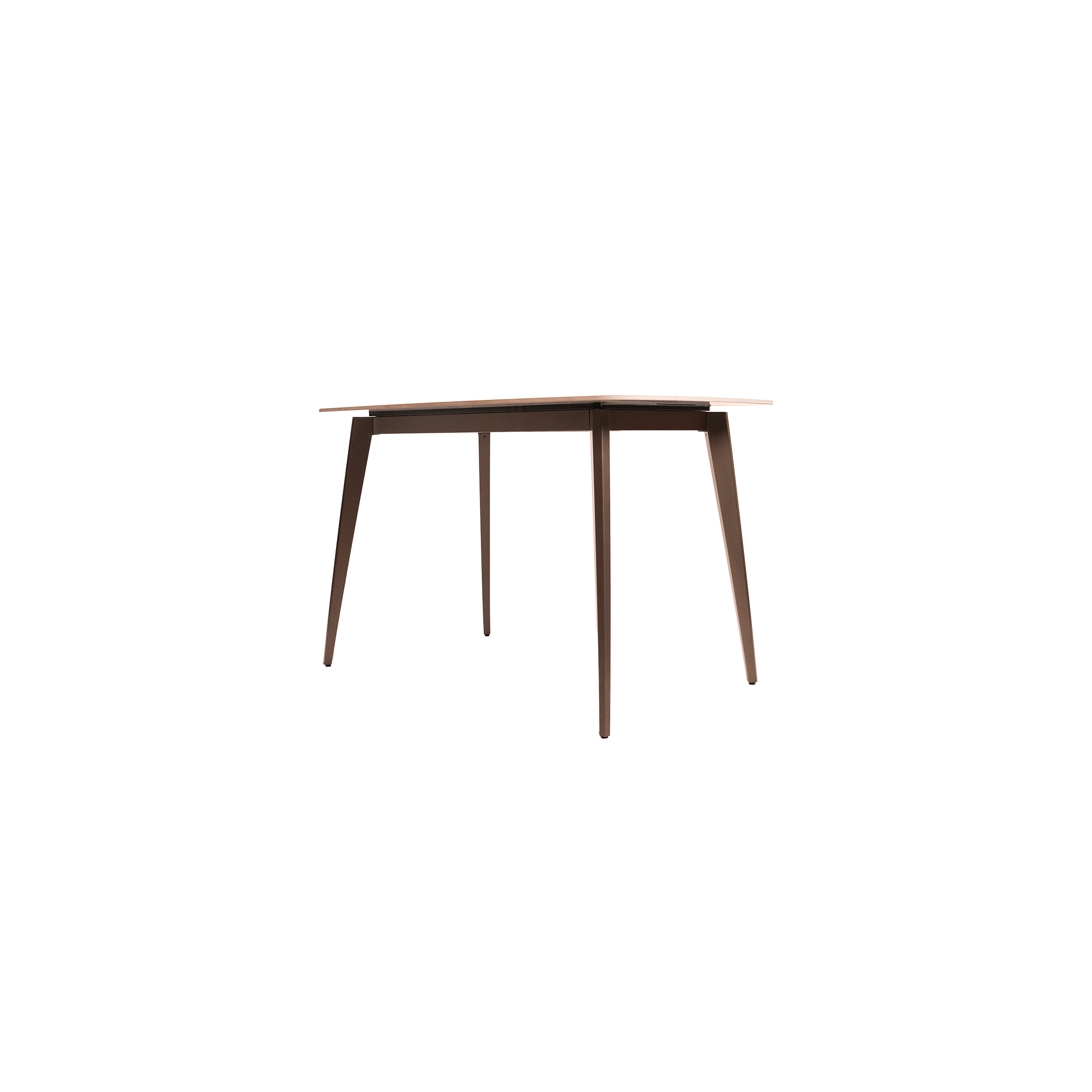 A wooden table with a smooth, brown rectangular top and rounded corners, supported by four slender, dark legs. The design is minimalist and modern.