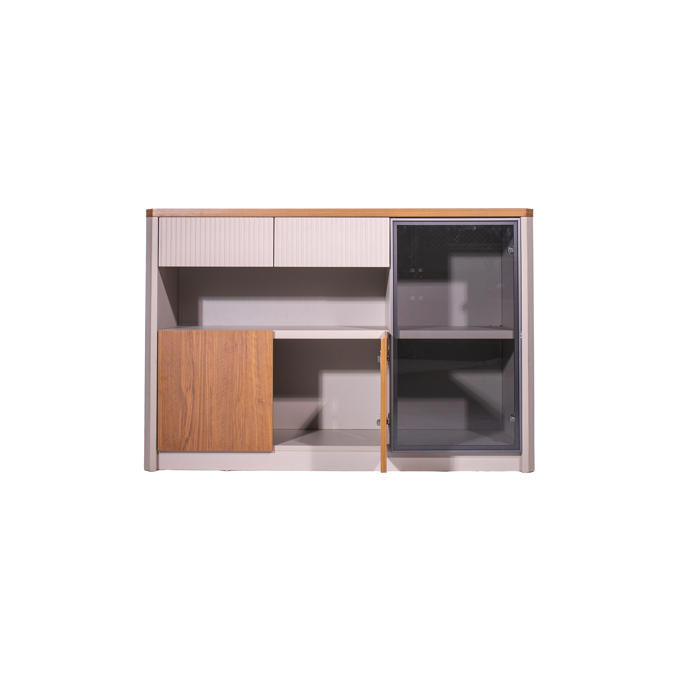 Modern sideboard featuring light wood accents, grooved paneling, open wood cabinet, and a sleek glass door on the right, conveying a contemporary style.