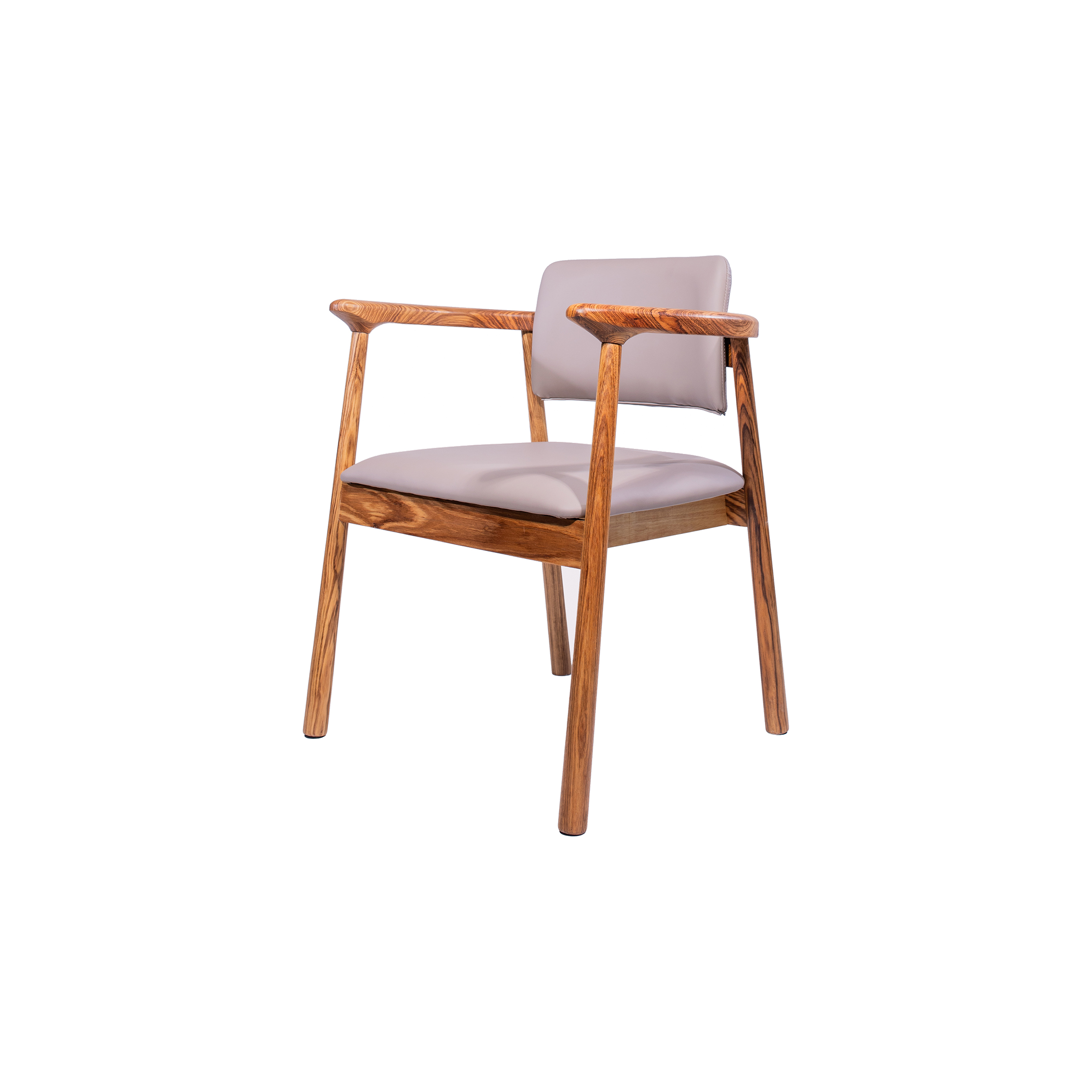 Wooden chair with armrests, featuring a beige cushioned seat and backrest. The sleek, modern design conveys simplicity and comfort.