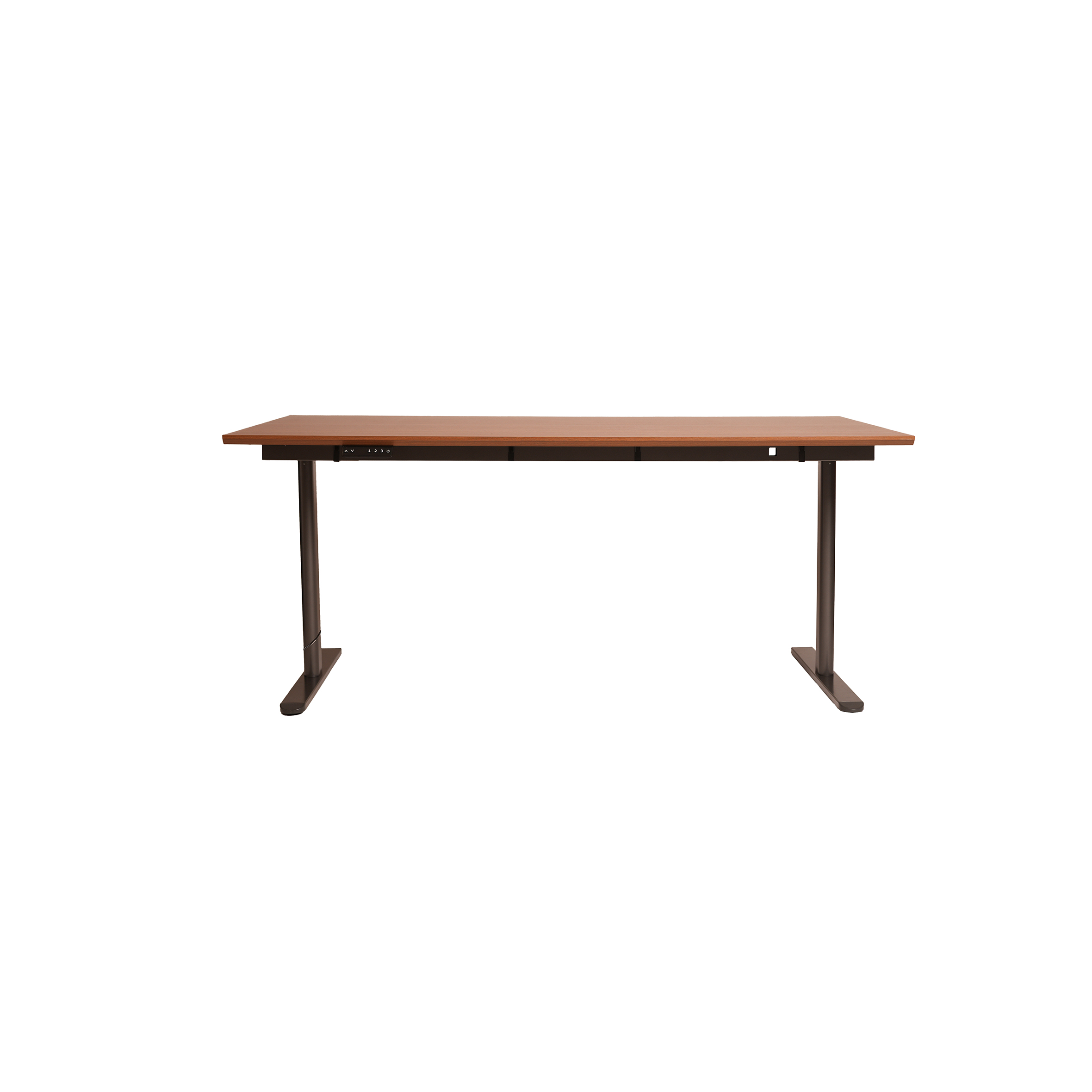A modern, adjustable-height desk with a sleek wooden tabletop and black metal legs. The minimalist design conveys functionality and simplicity.