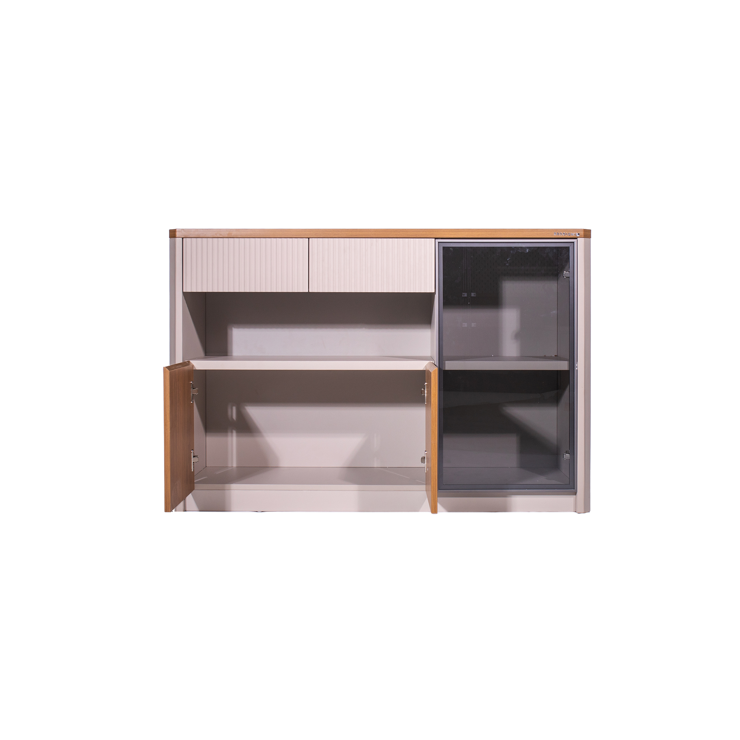 Modern sideboard featuring light wood accents, grooved paneling, open wood cabinet, and a sleek glass door on the right, conveying a contemporary style.