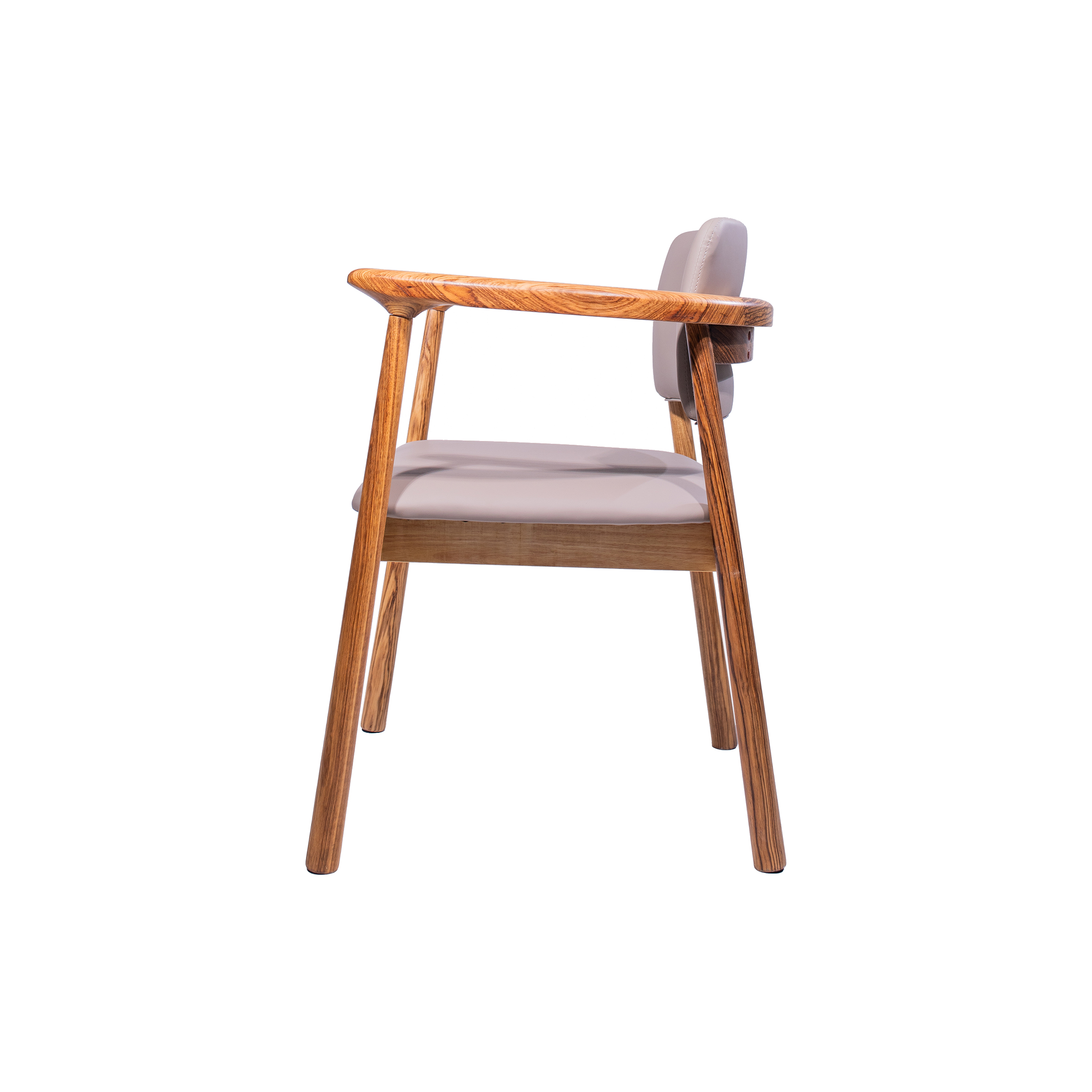 Wooden chair with armrests, featuring a beige cushioned seat and backrest. The sleek, modern design conveys simplicity and comfort.