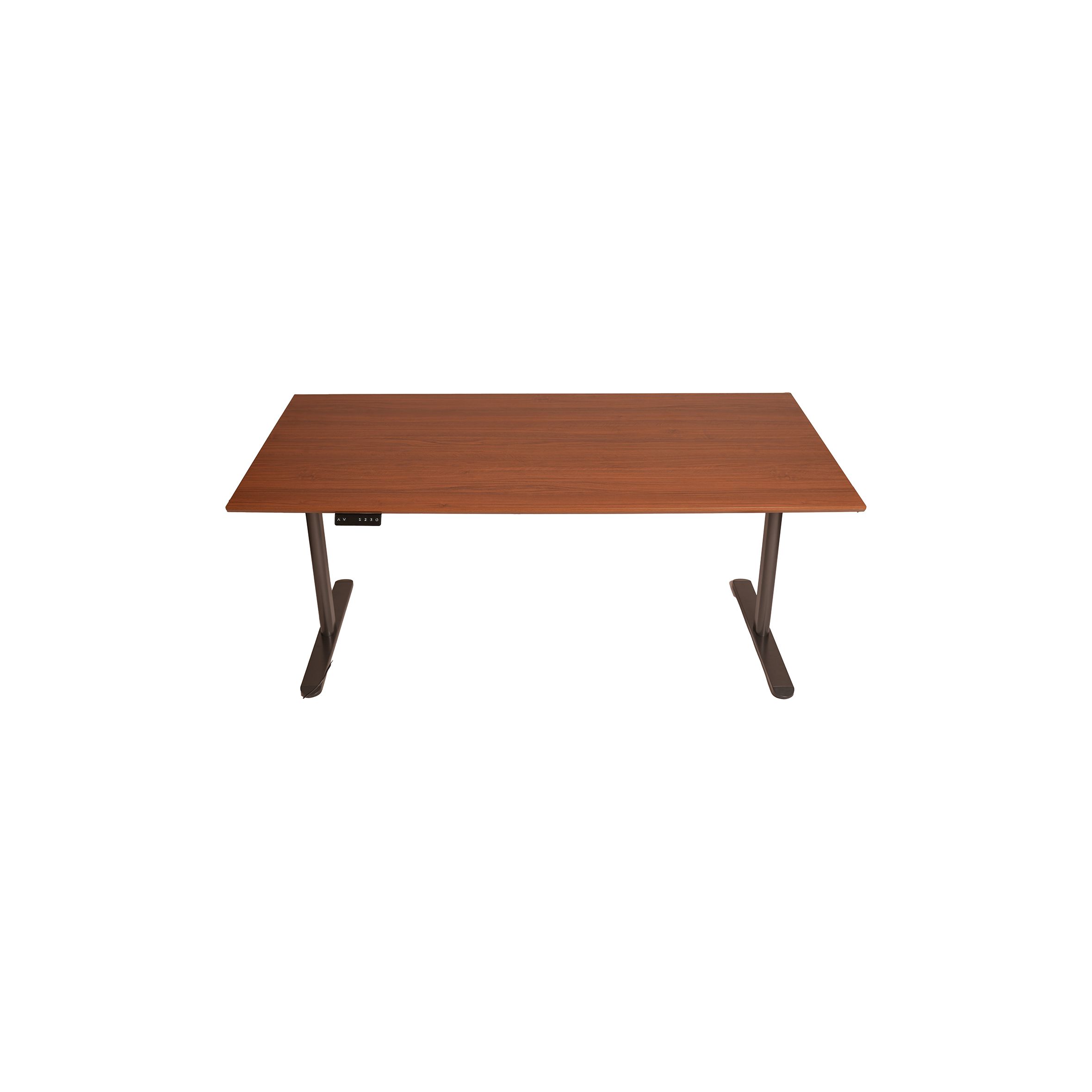 A modern, adjustable-height desk with a sleek wooden tabletop and black metal legs. The minimalist design conveys functionality and simplicity.