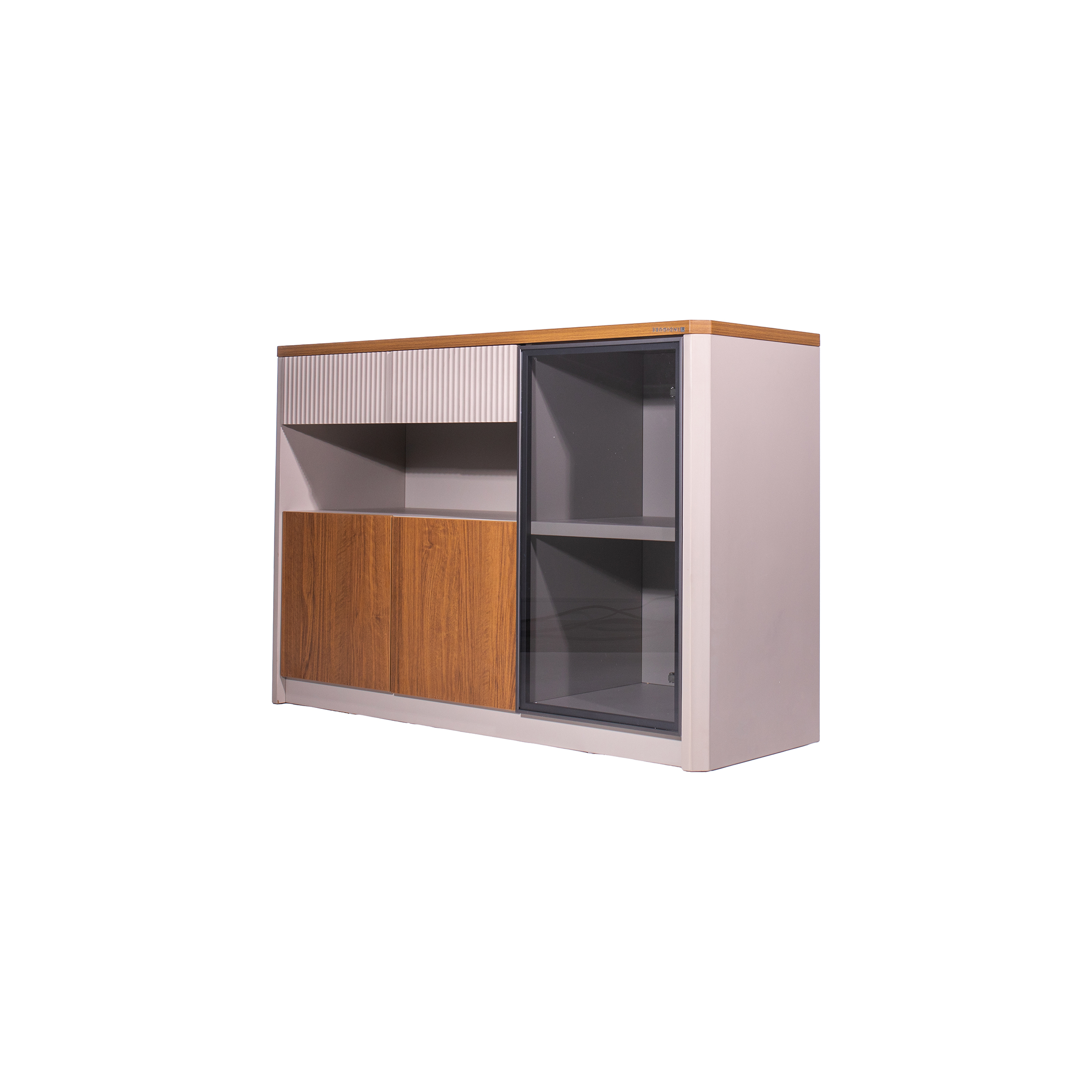 Modern sideboard featuring light wood accents, grooved paneling, open wood cabinet, and a sleek glass door on the right, conveying a contemporary style.
