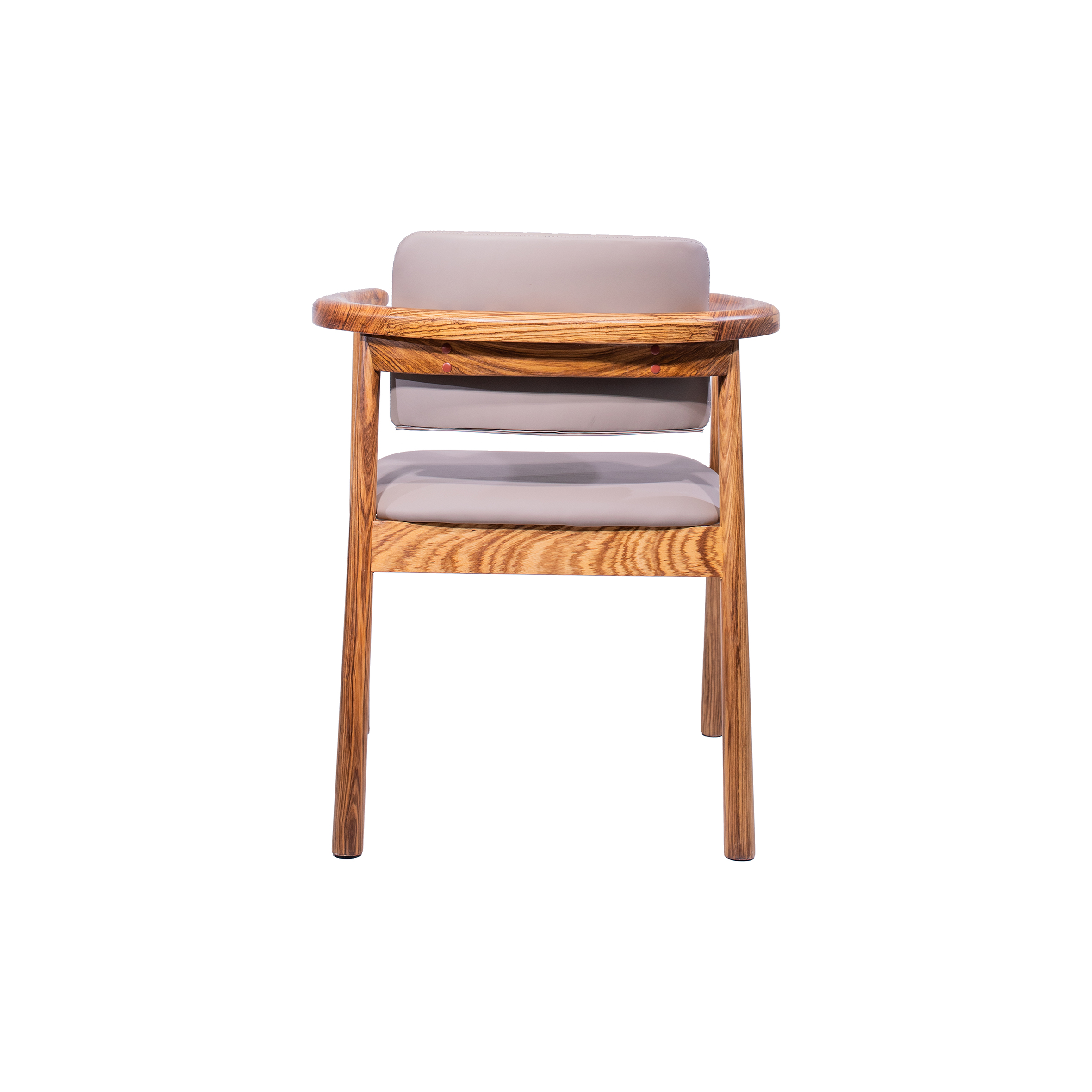 Wooden chair with armrests, featuring a beige cushioned seat and backrest. The sleek, modern design conveys simplicity and comfort.