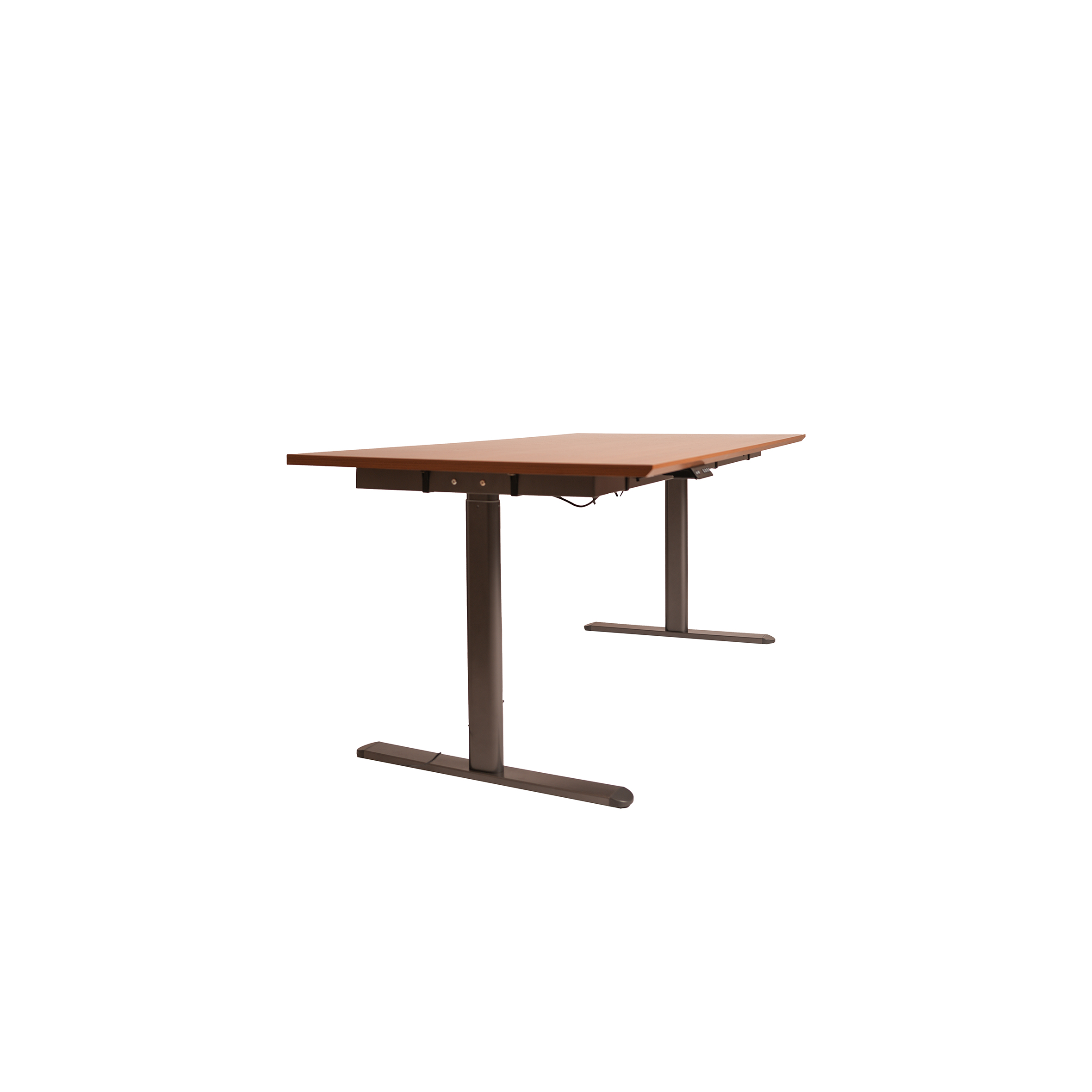 A modern, adjustable-height desk with a sleek wooden tabletop and black metal legs. The minimalist design conveys functionality and simplicity.