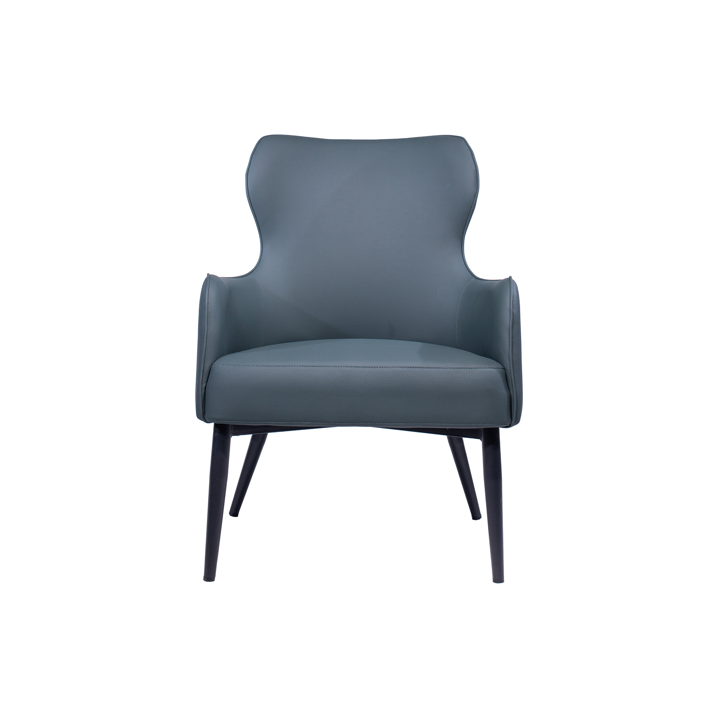 Modern armchair with a sleek dark gray leather finish, curved backrest, and black tapered legs. The design conveys a contemporary, minimalist style.