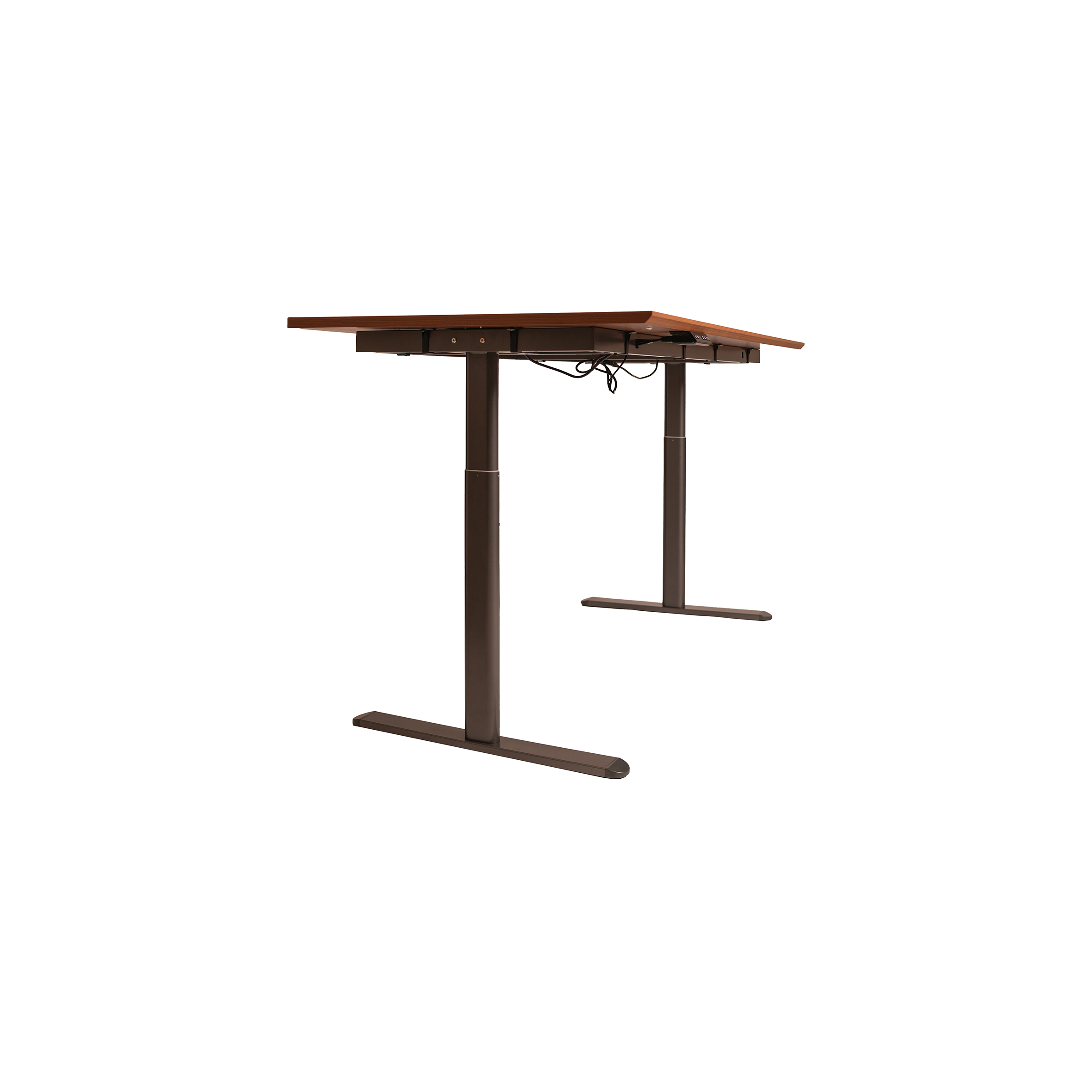 A modern, adjustable-height desk with a sleek wooden tabletop and black metal legs. The minimalist design conveys functionality and simplicity.