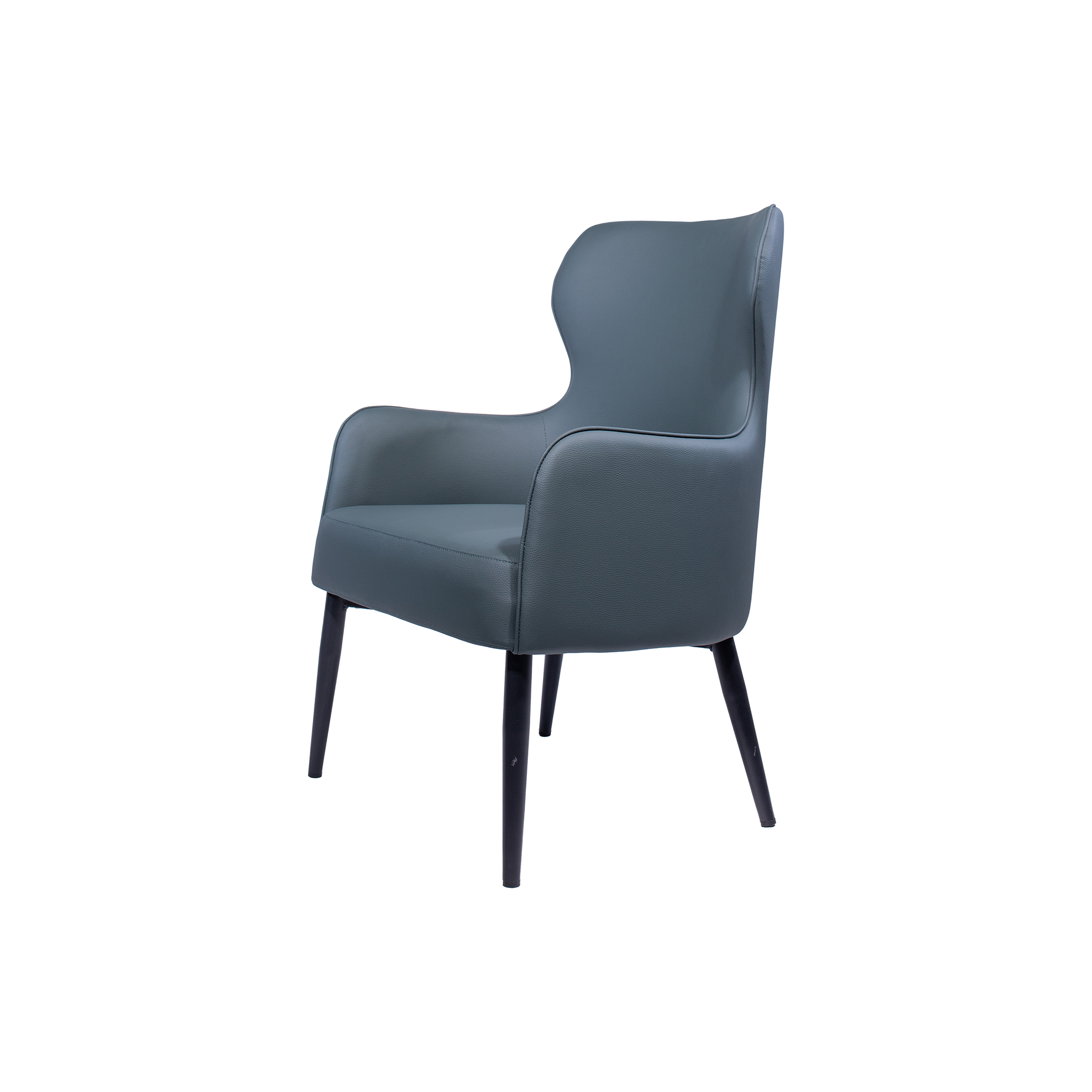 Modern armchair with a sleek dark gray leather finish, curved backrest, and black tapered legs. The design conveys a contemporary, minimalist style.