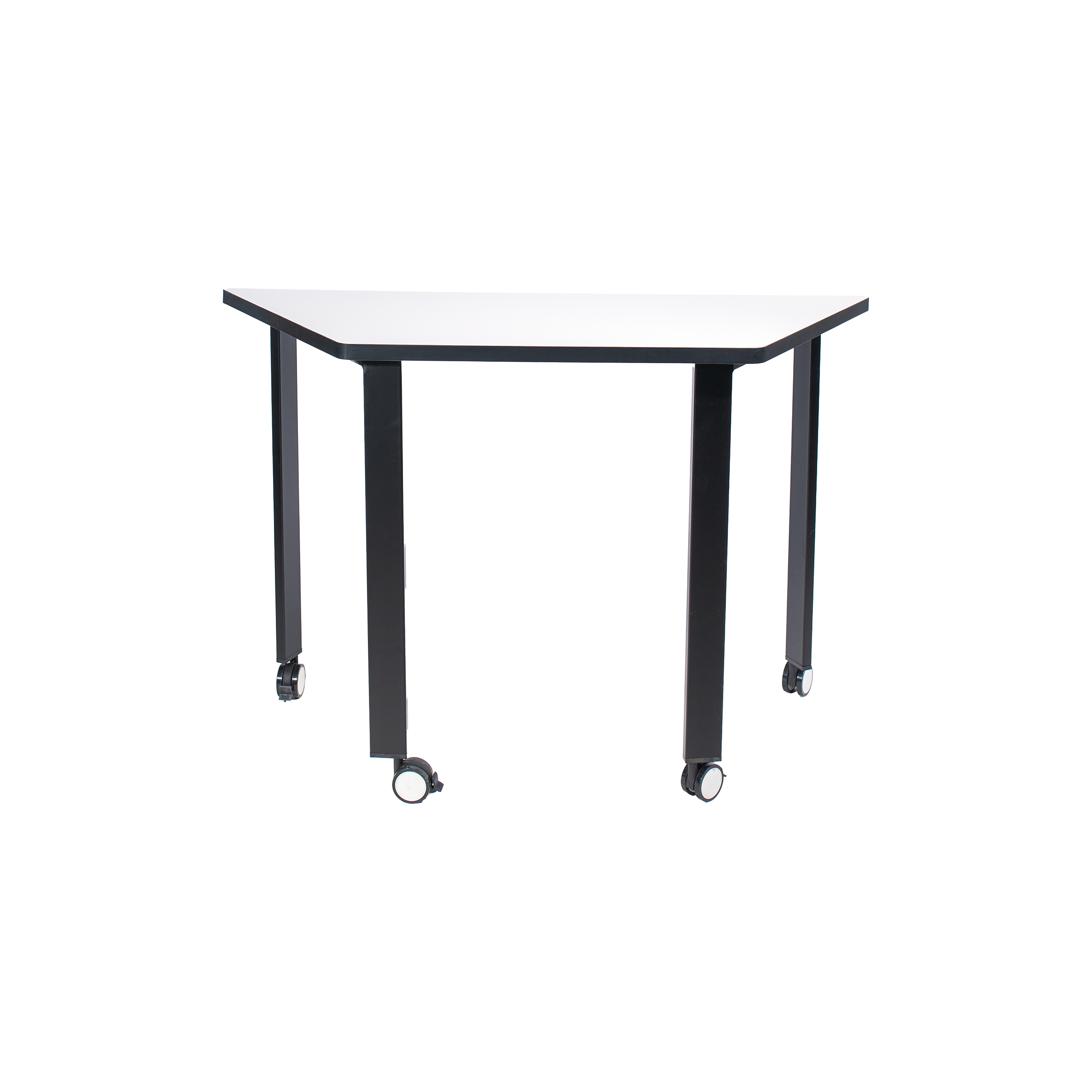 Minimalist trapezoidal table with a white top and four black legs. Two legs have wheels, suggesting mobility. Clean, modern design, suited for versatile use.