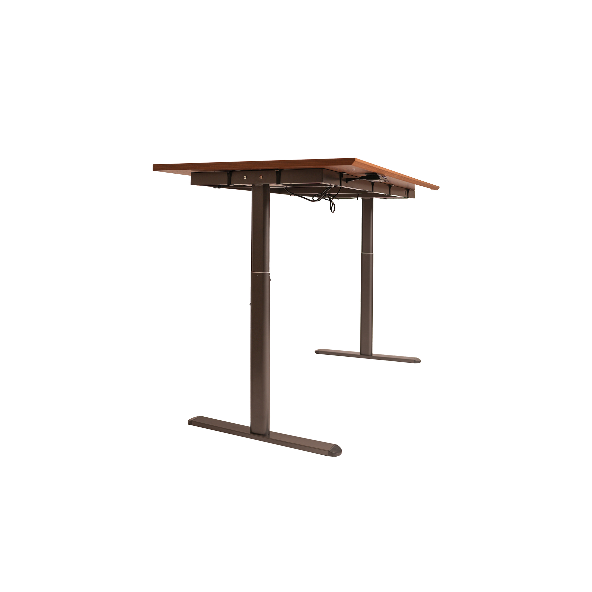 A modern, adjustable-height desk with a sleek wooden tabletop and black metal legs. The minimalist design conveys functionality and simplicity.