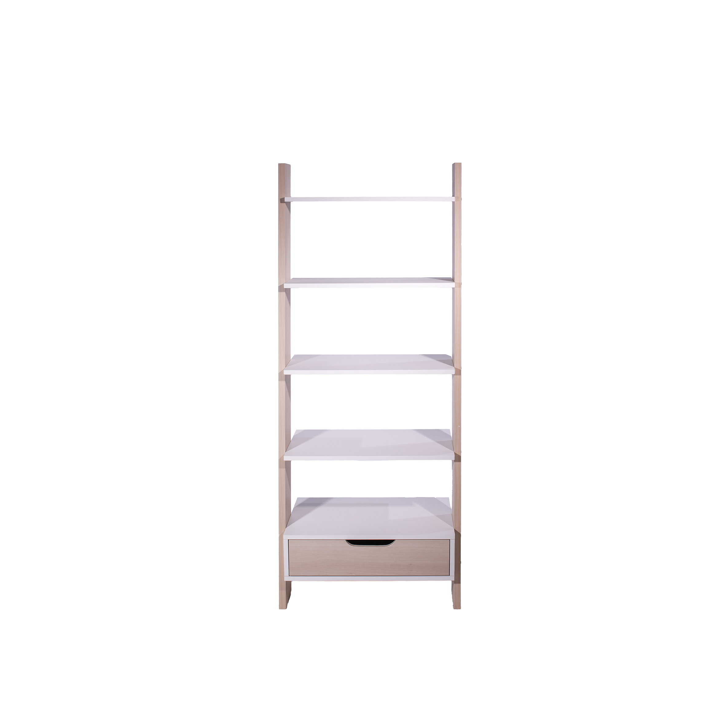 Tall wooden bookshelf with four white shelves and a bottom drawer, blending modern and minimalist design. Sturdy, functional, neutral tone.