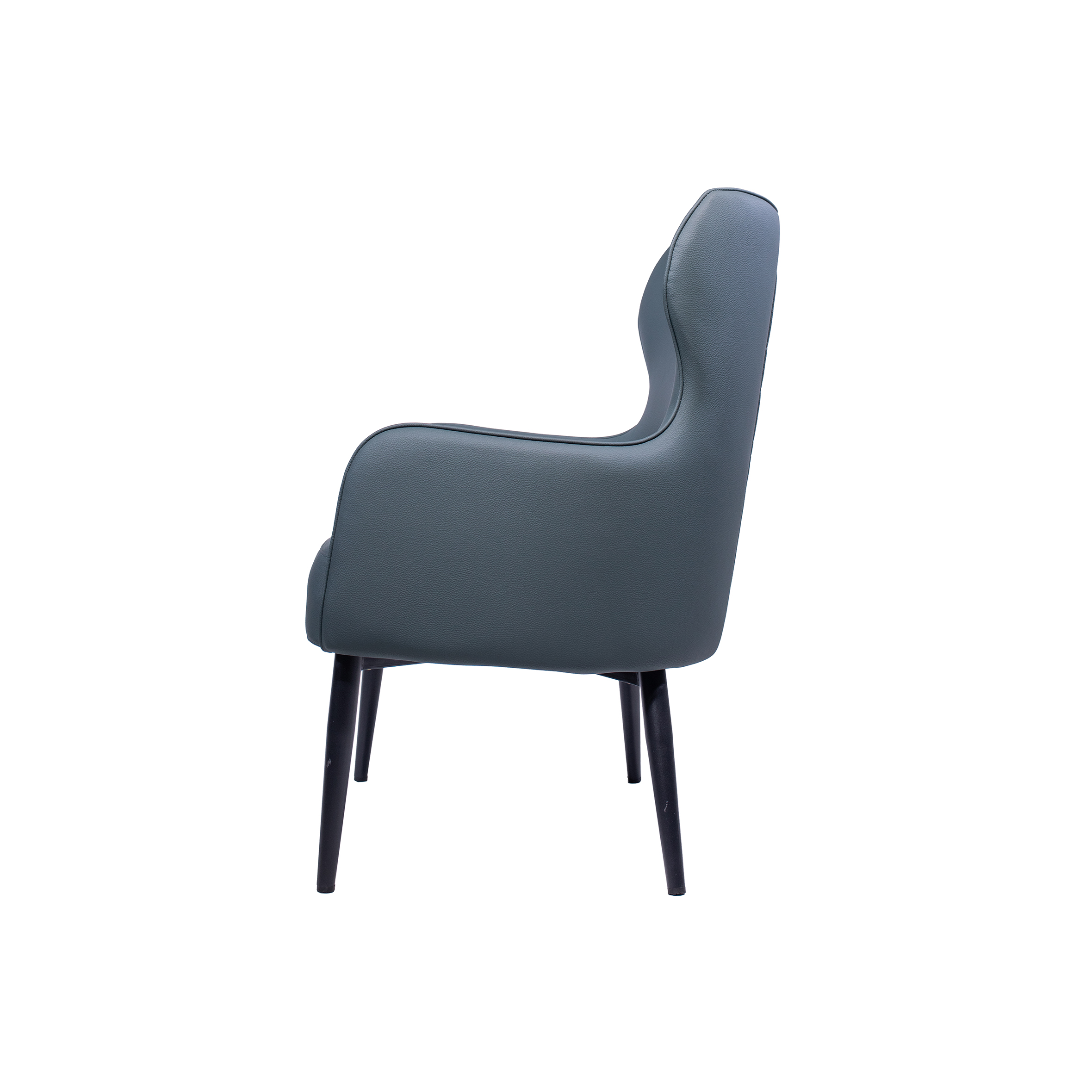 Modern armchair with a sleek dark gray leather finish, curved backrest, and black tapered legs. The design conveys a contemporary, minimalist style.