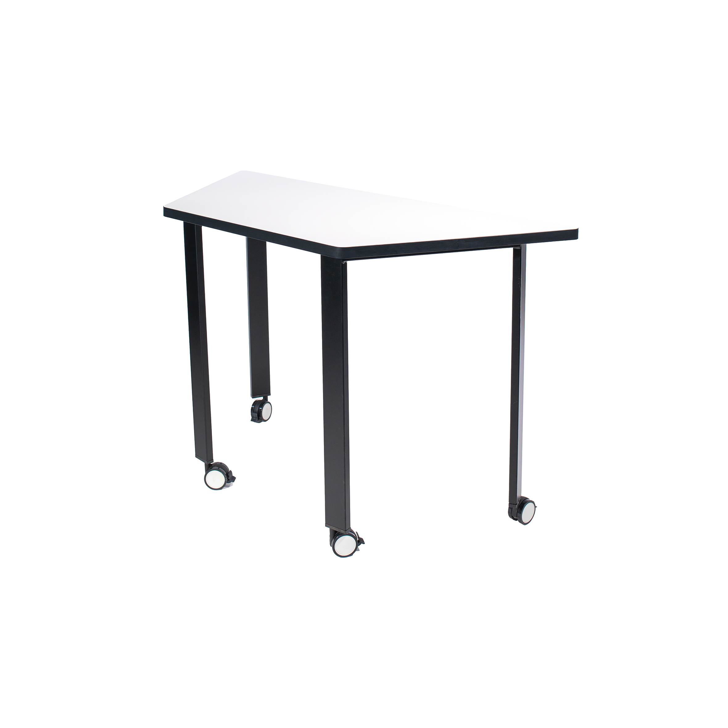 Minimalist trapezoidal table with a white top and four black legs. Two legs have wheels, suggesting mobility. Clean, modern design, suited for versatile use.