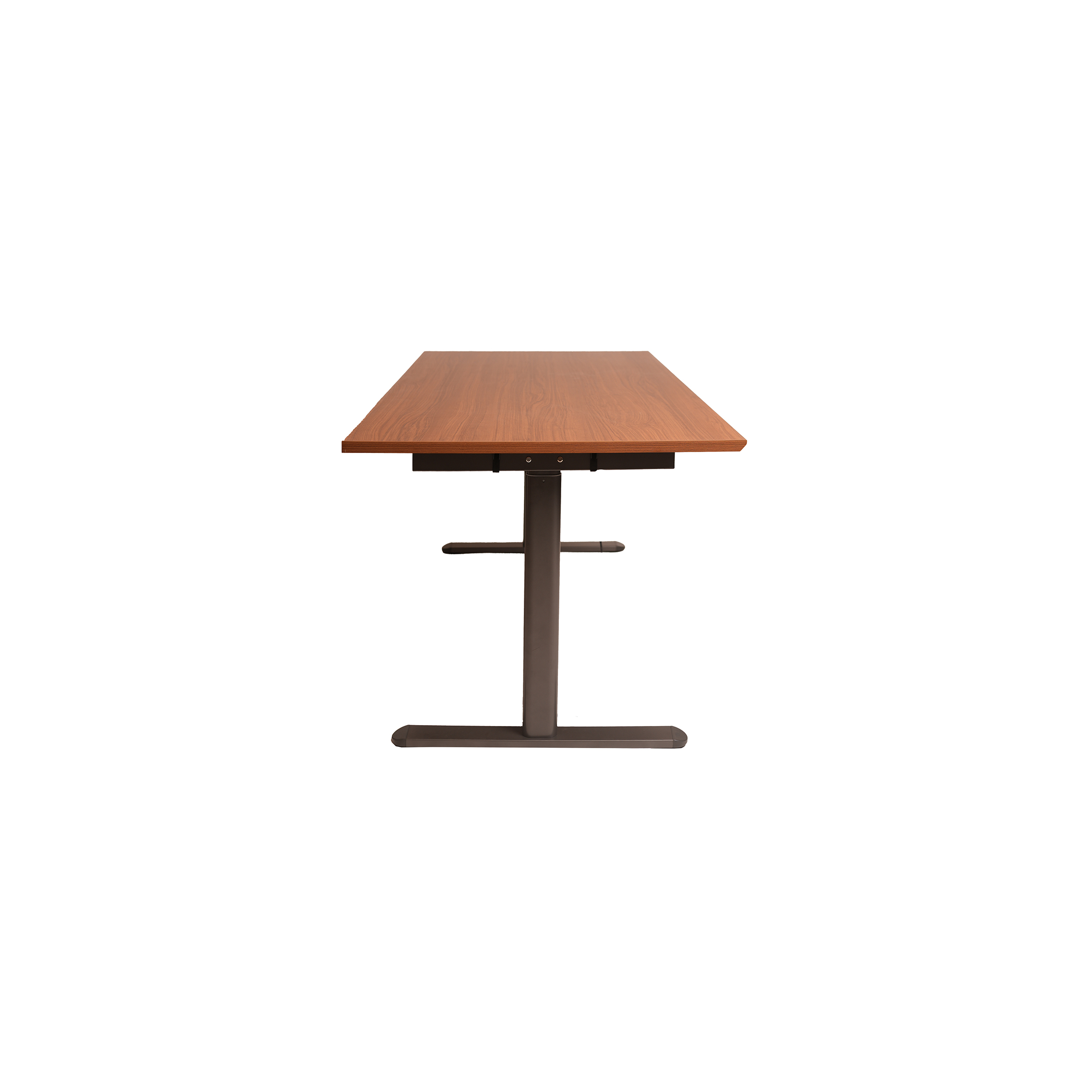 A modern, adjustable-height desk with a sleek wooden tabletop and black metal legs. The minimalist design conveys functionality and simplicity.