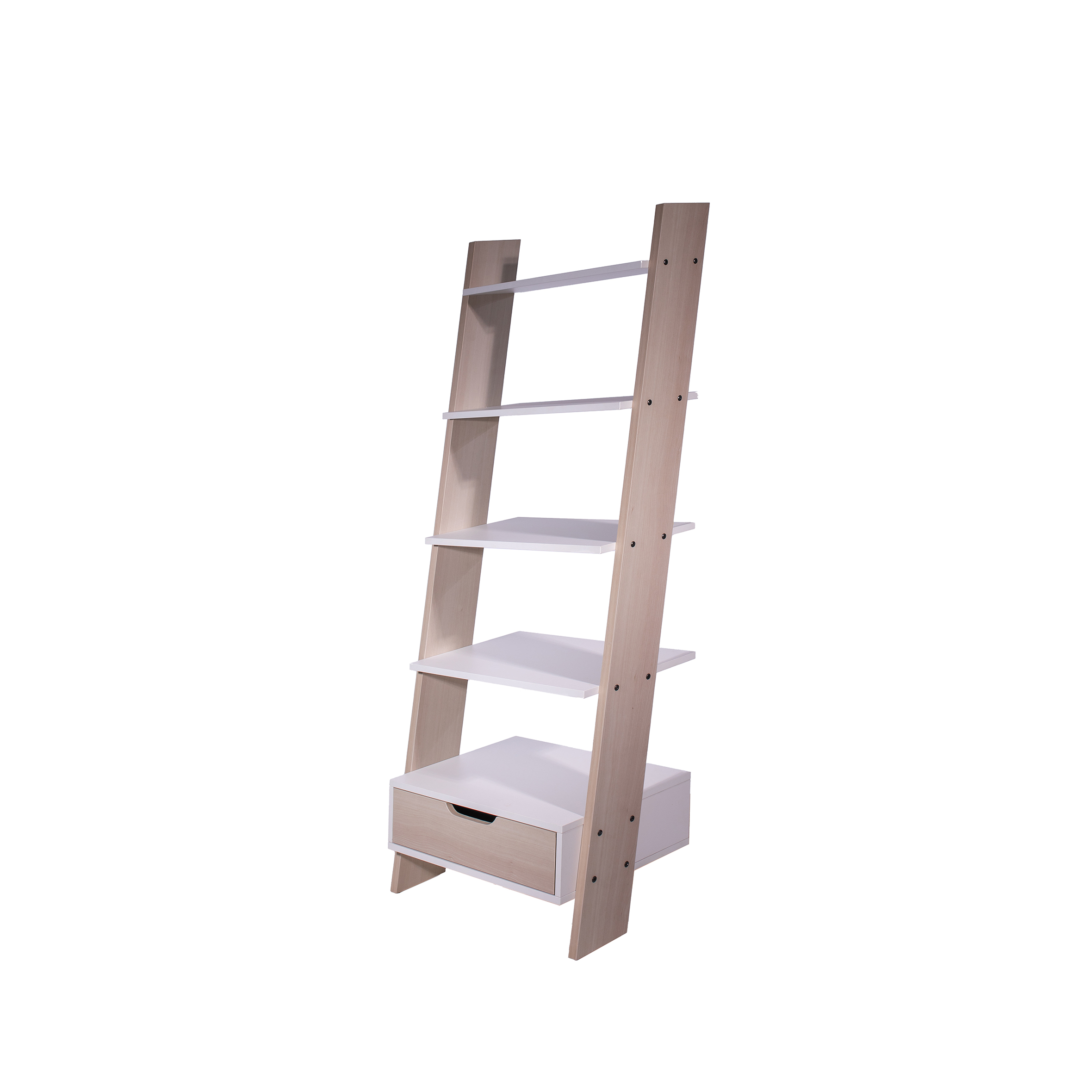Tall wooden bookshelf with four white shelves and a bottom drawer, blending modern and minimalist design. Sturdy, functional, neutral tone.