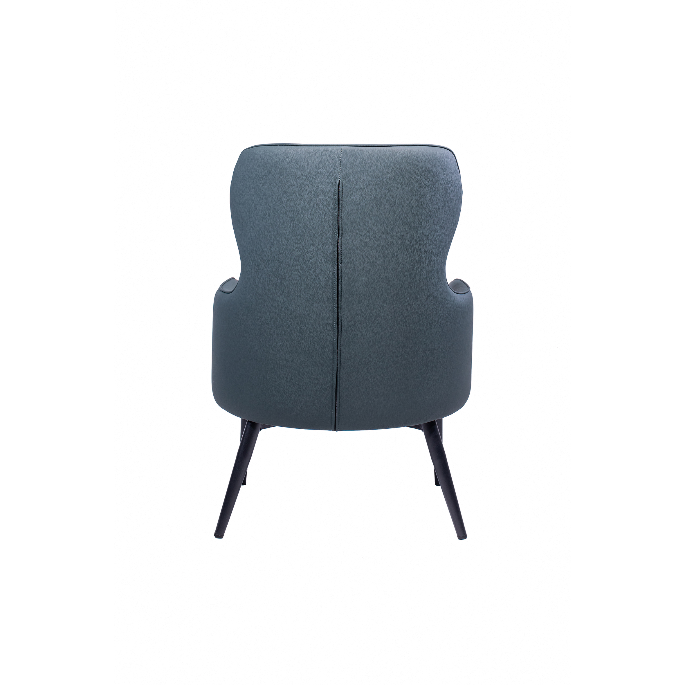 Modern armchair with a sleek dark gray leather finish, curved backrest, and black tapered legs. The design conveys a contemporary, minimalist style.