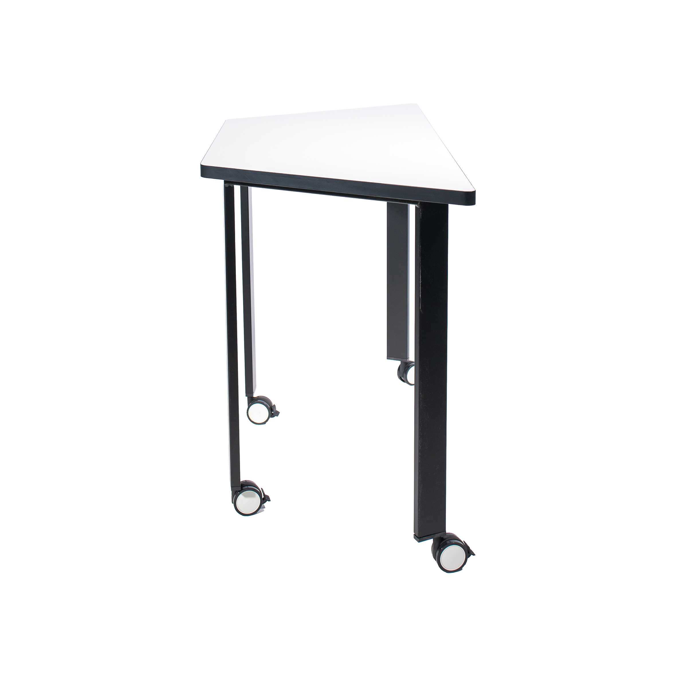 Minimalist trapezoidal table with a white top and four black legs. Two legs have wheels, suggesting mobility. Clean, modern design, suited for versatile use.