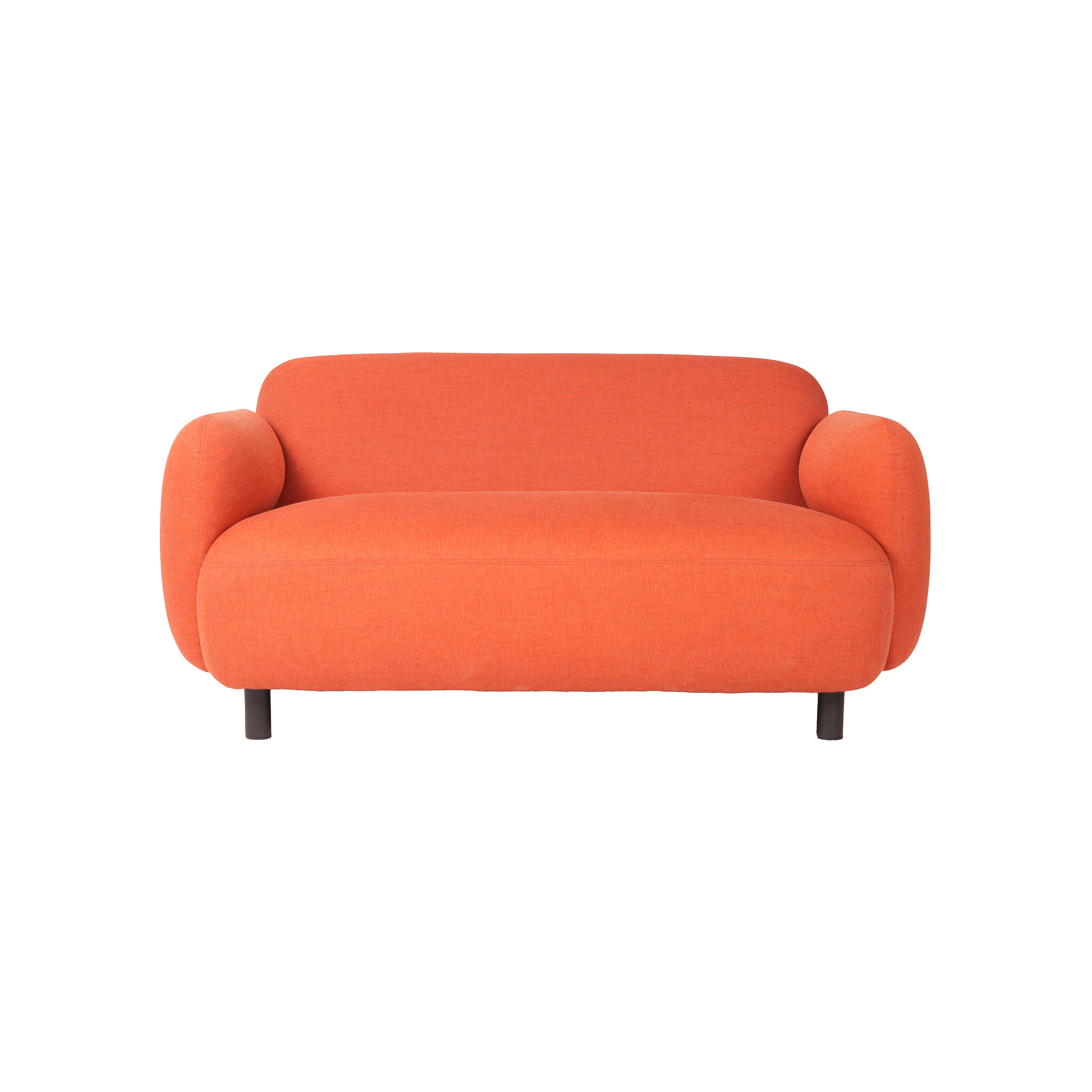 An orange loveseat features plush, rounded armrests and a minimalist design with short black legs, conveying a modern, cozy ambiance.